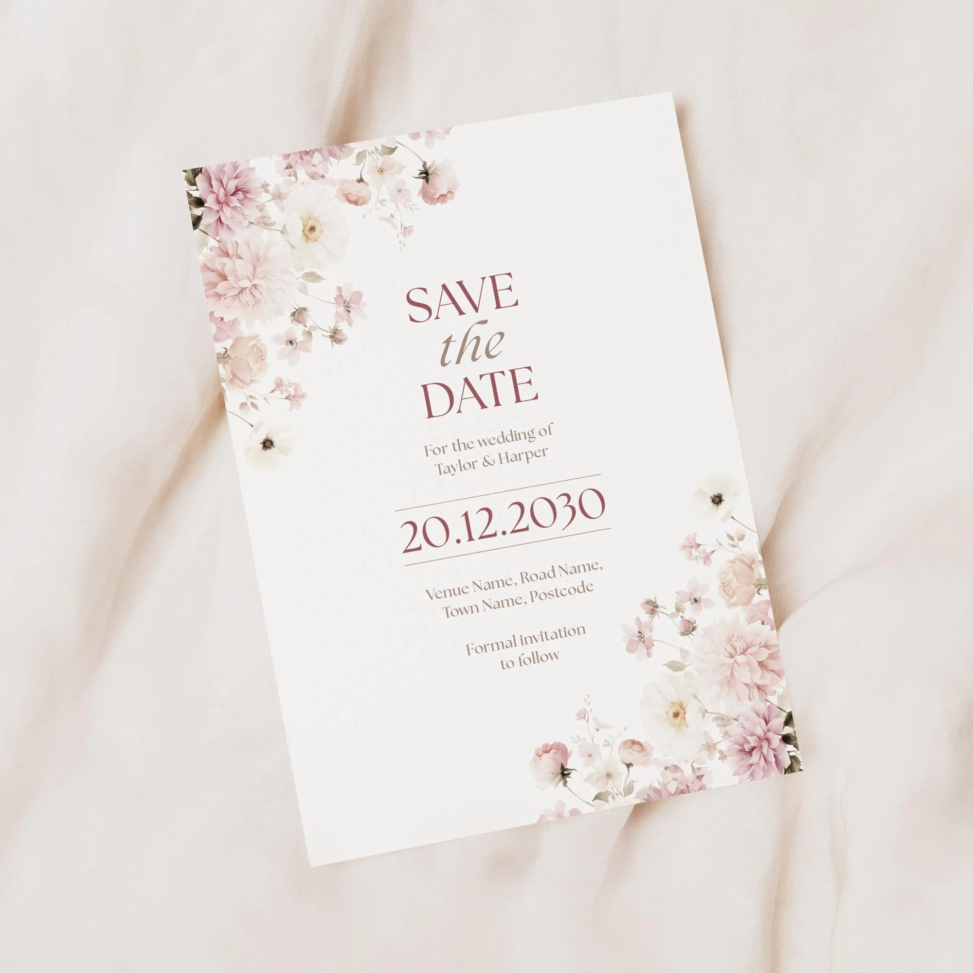 Minimal product shot of the Petal Save the Date card with blush pink florals.