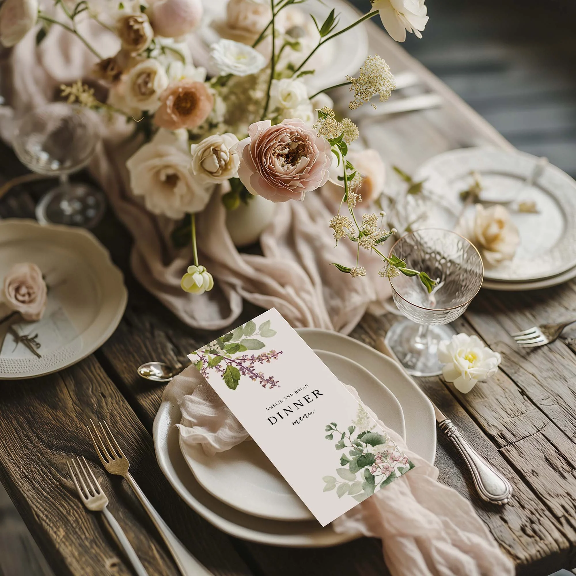 Forest Leaves wedding menu card styled on a wedding table setting with tableware and décor