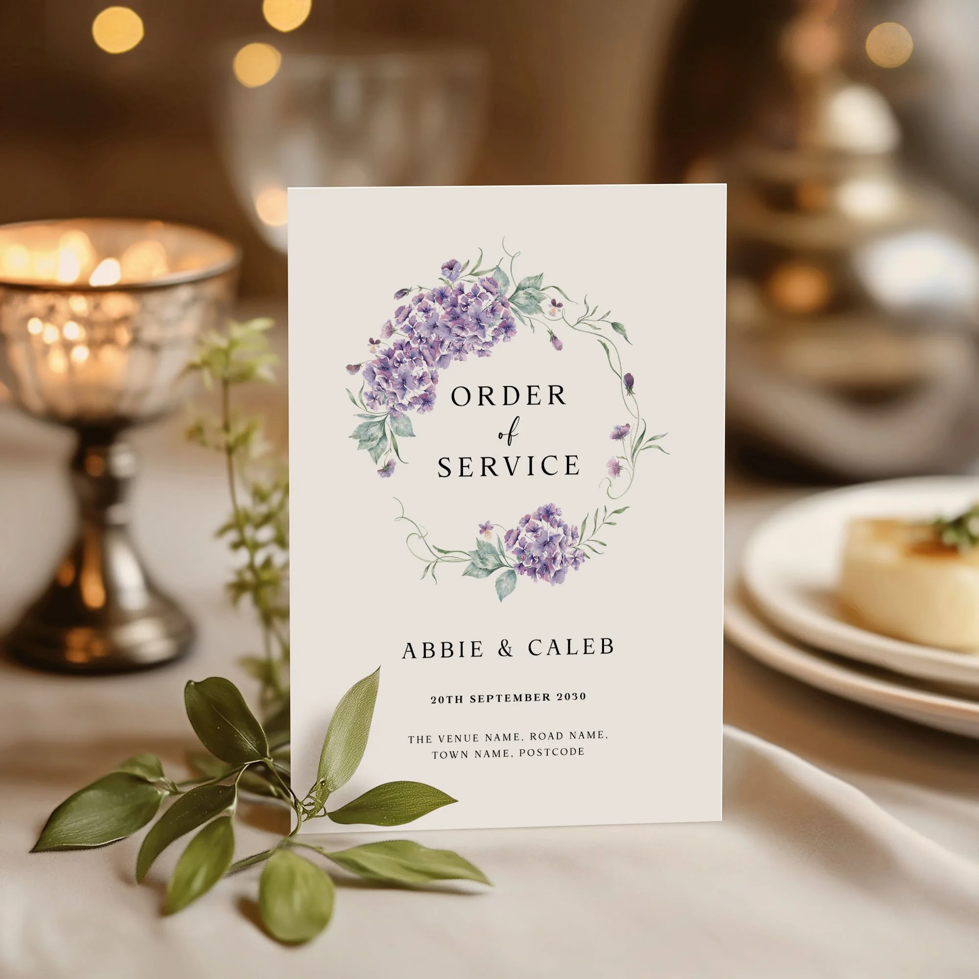 Hydrangea wedding order of service on a wedding day displayed