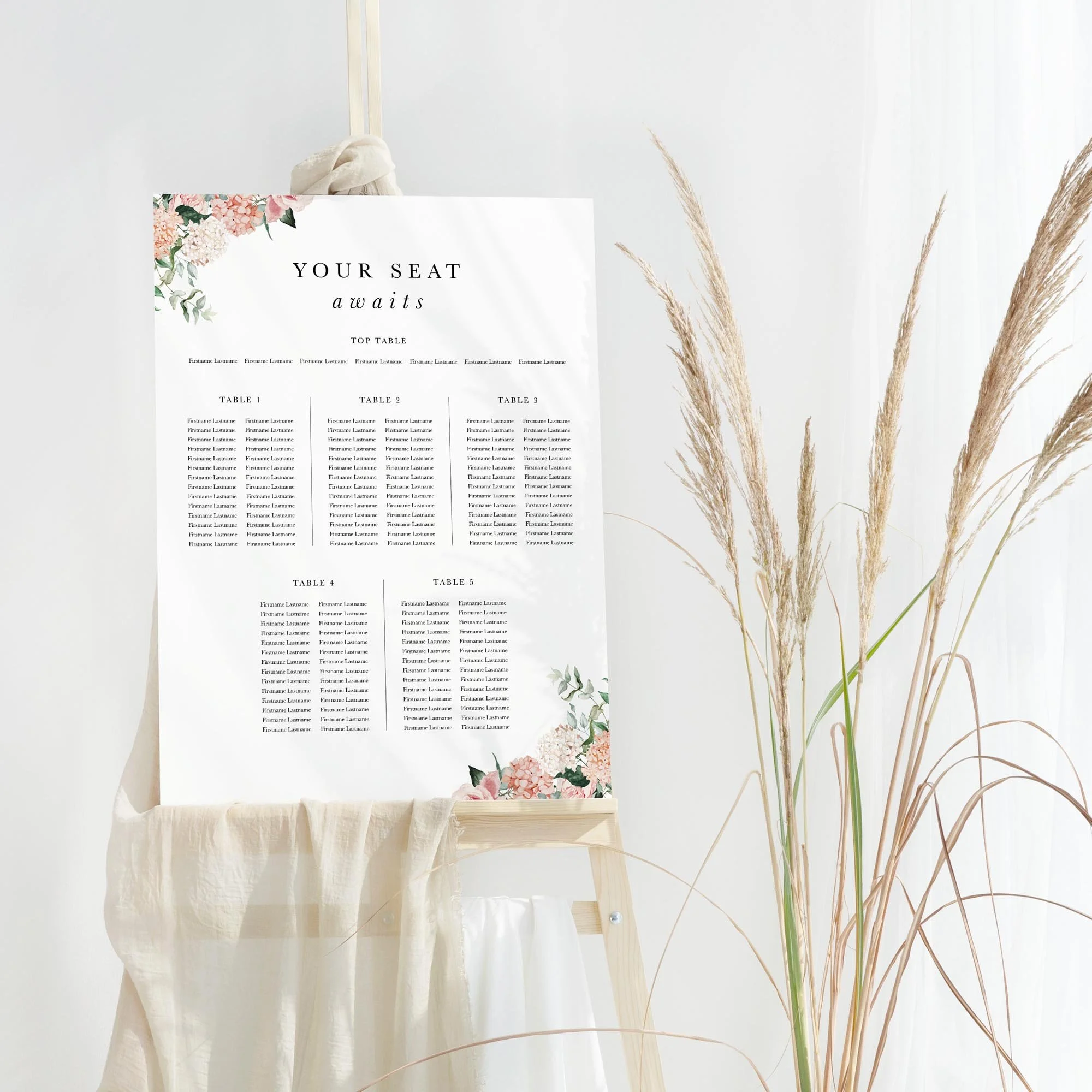 Blush Bouquet wedding table plan board seating chart sign