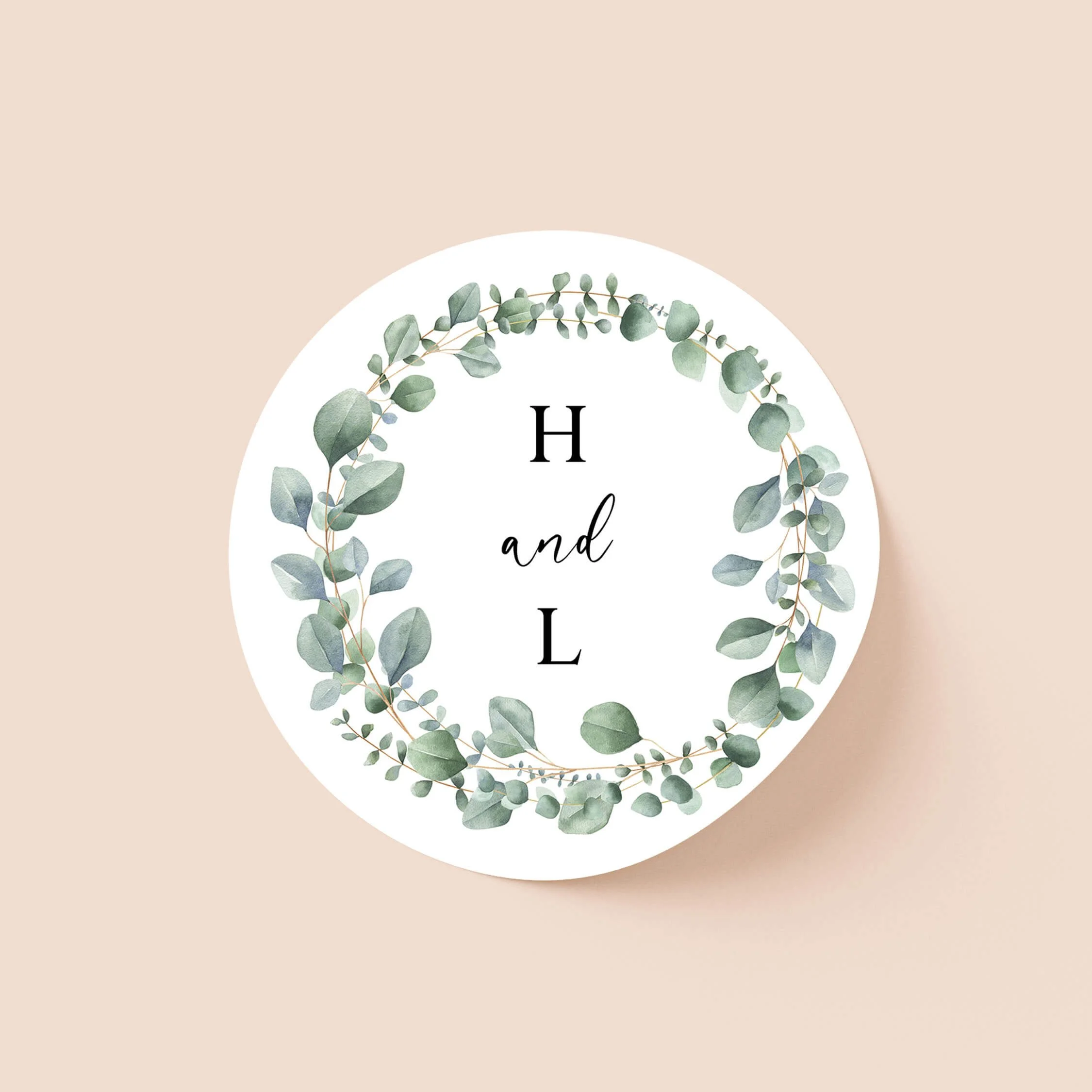 Eucalyptus Foliage wedding sticker with green foliage wreath and initials on round personalised seal