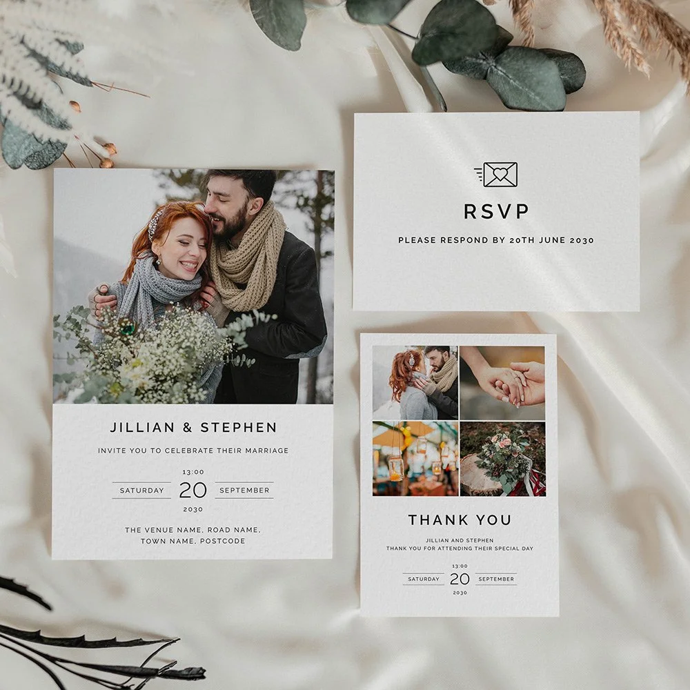 Photo Wedding Stationery, including invitation, RSVP card and thank you card.