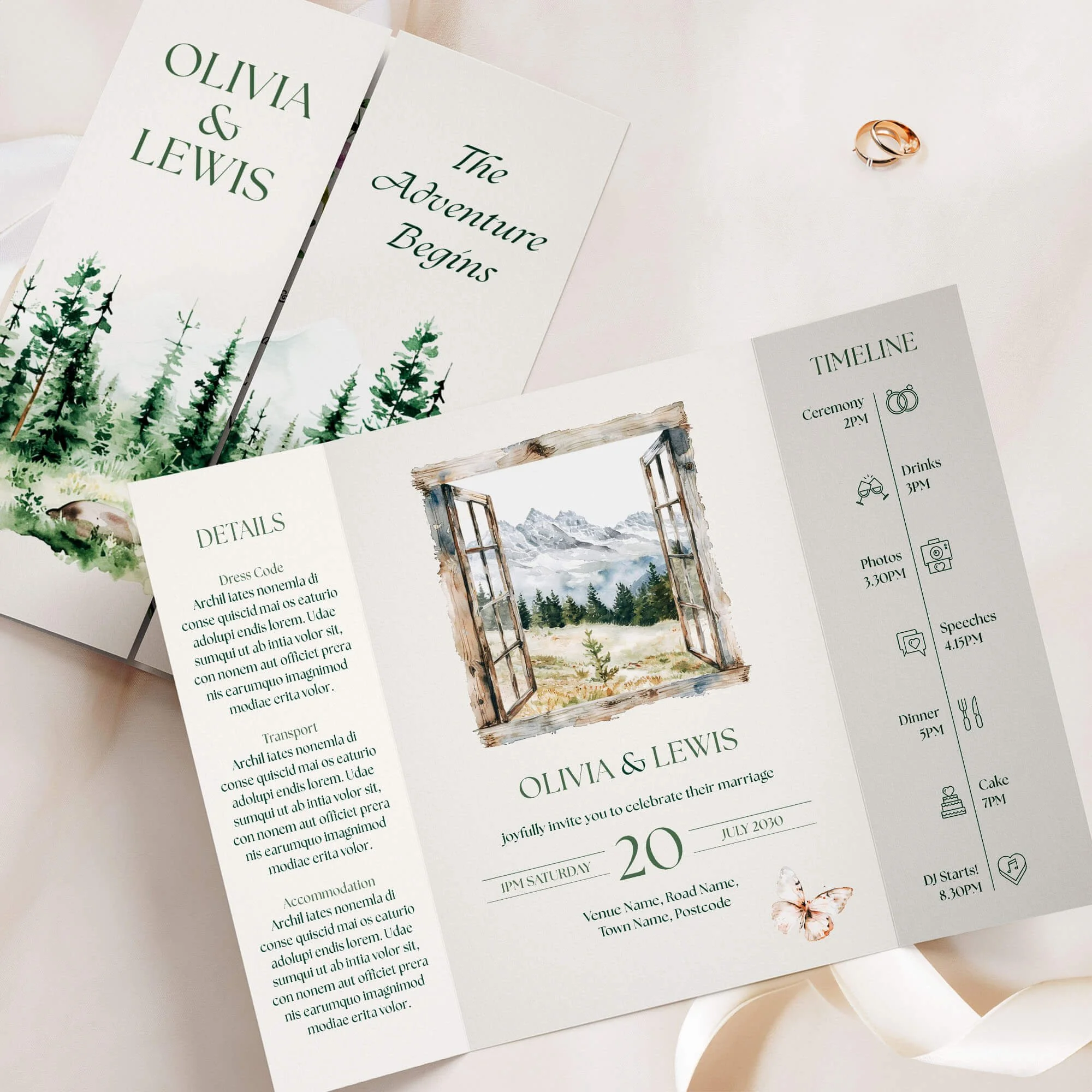 Gatefold wedding invitation with watercolour mountain landscape, pine trees and open window illustration in sage green