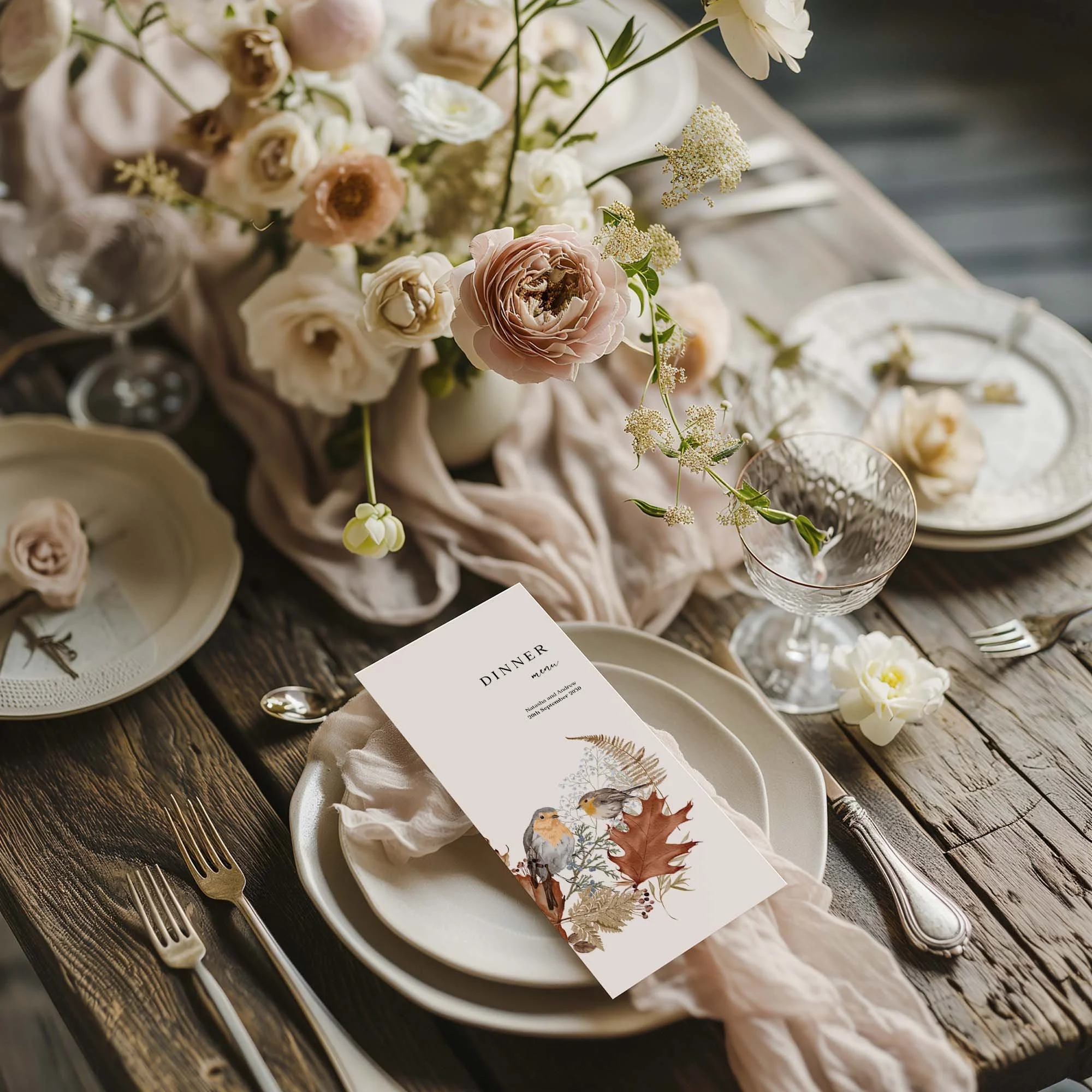 Autumn Leaves and Robin wedding menu card styled on a wedding table setting with tableware and décor