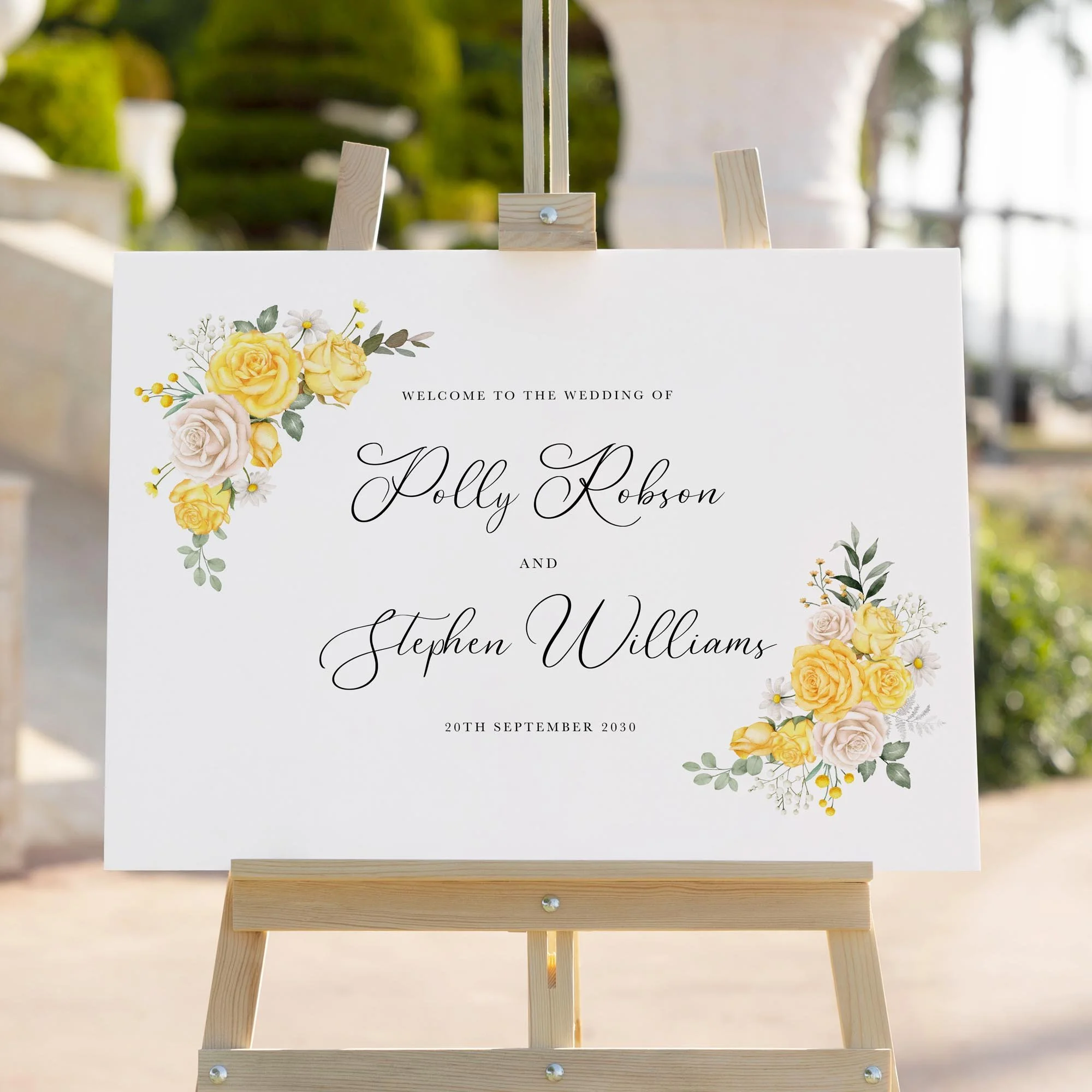 Yellow Rose wedding welcome sign styled outdoors close-up