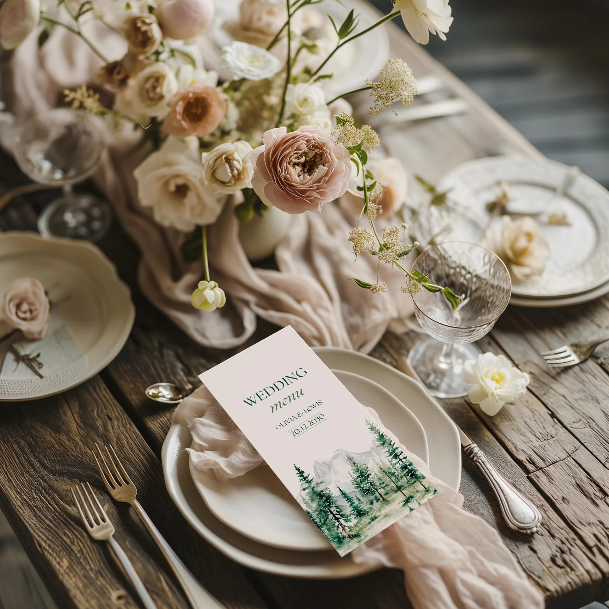 Styled flatlay of the Adventure Wedding Menu on a rustic outdoor wedding table.