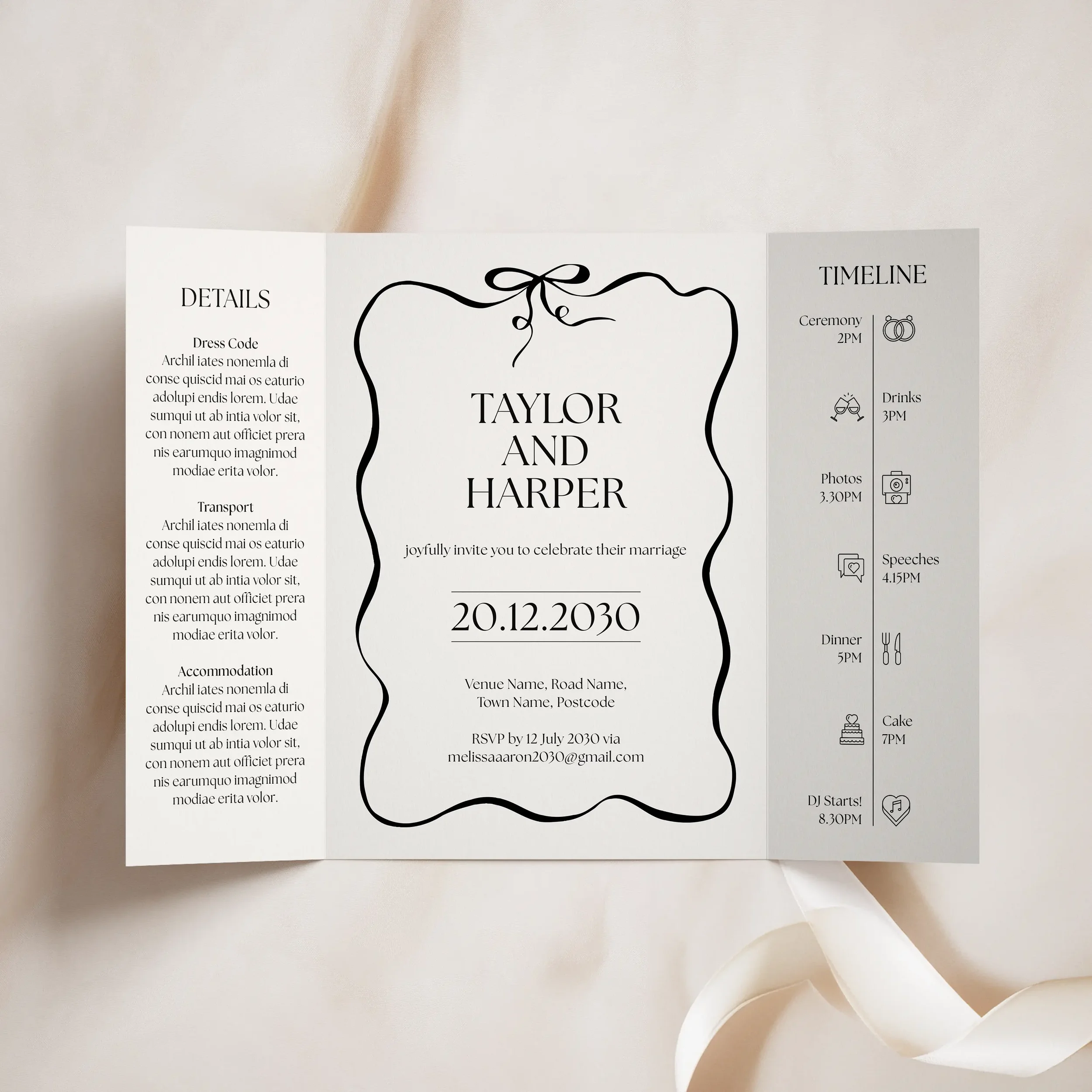Black Tie Gatefold Wedding Invitation opened to show details panel and order of the day.