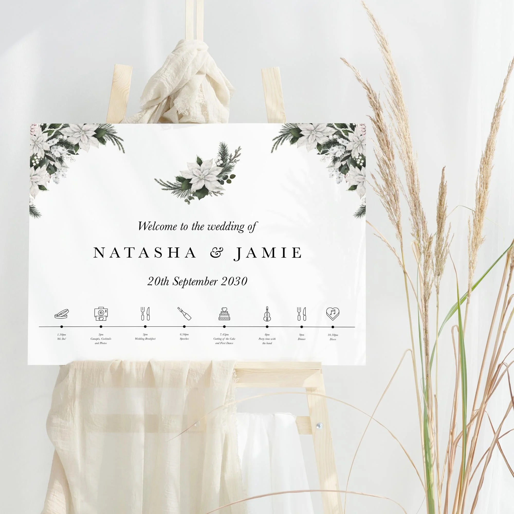 White Poinsettia Winter wedding welcome sign design