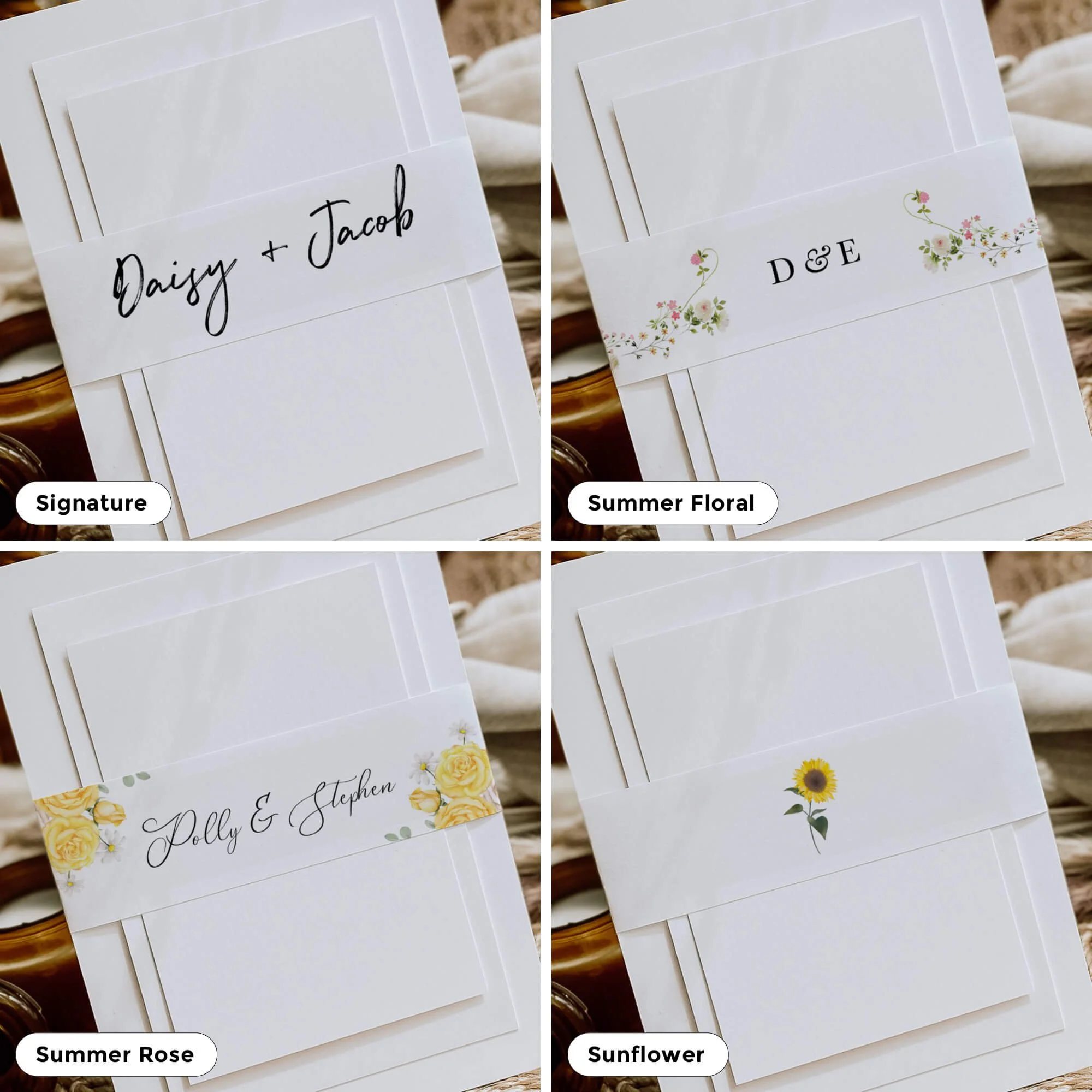 Collection of personalised wedding belly bands in a variety of elegant designs