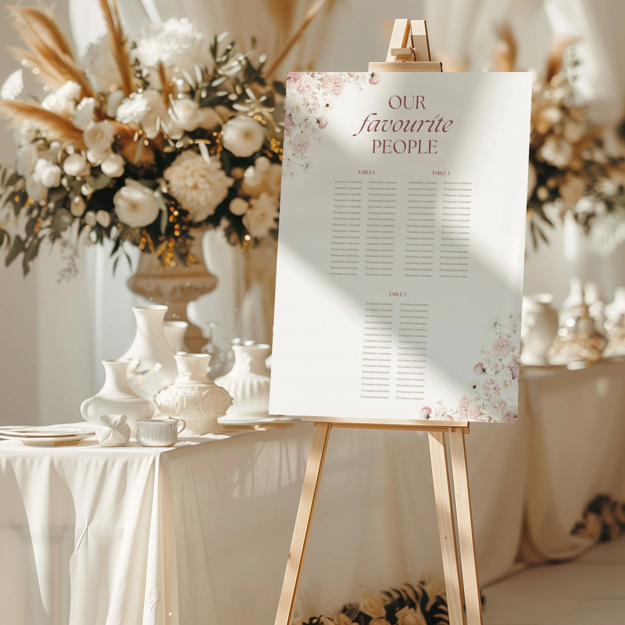 Styled indoor view of Petal Wedding Table Plan Board at a wedding, showing blush pink floral seating plan.