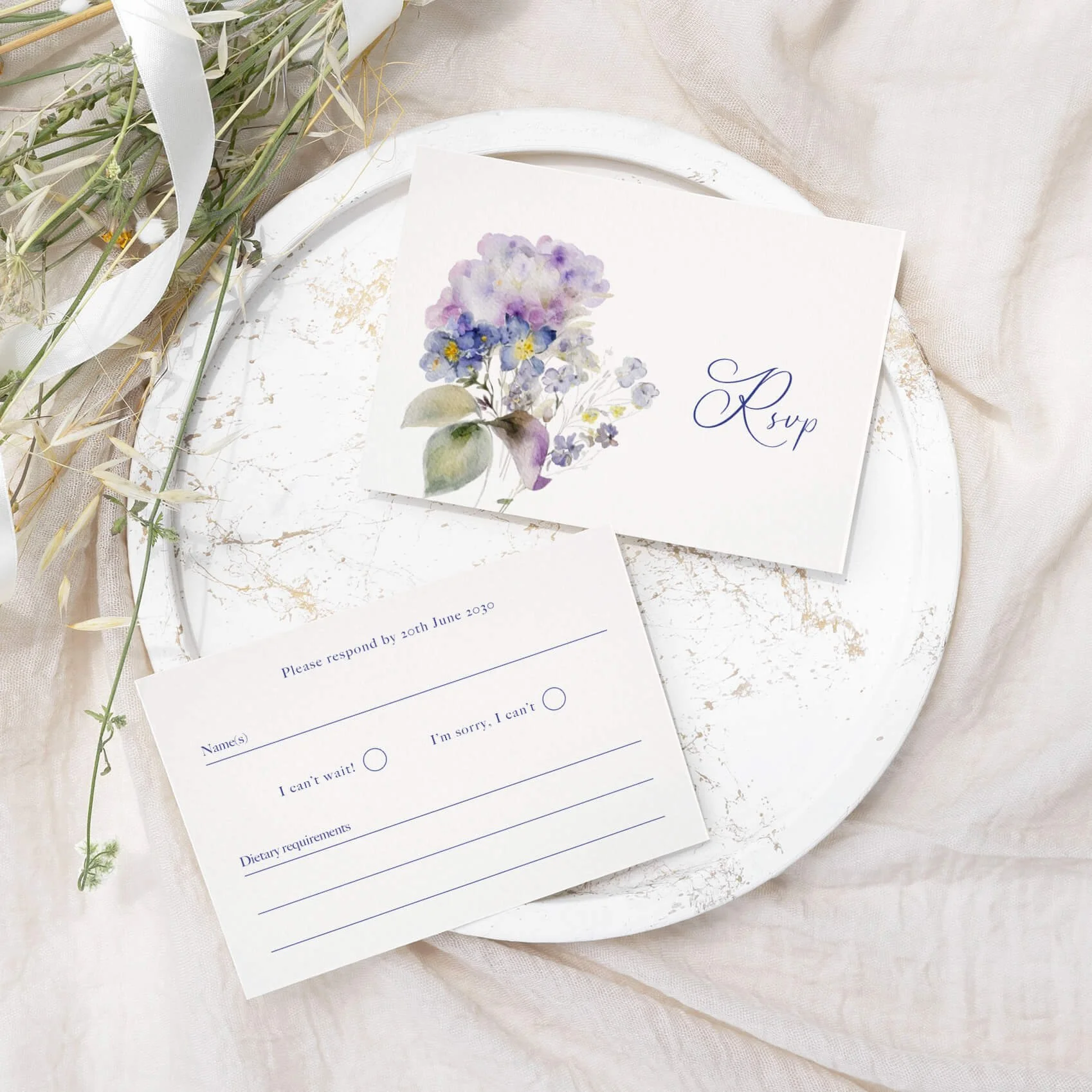 Violet wedding RSVP card with purple and lilac watercolour violet floral illustration on luxury off-white card