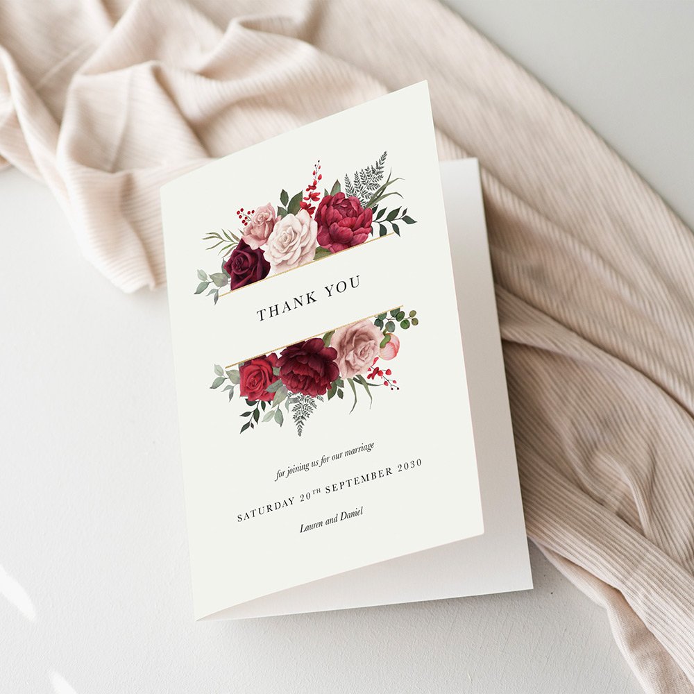 Burgundy and Pink Floral Thank You Cards For Wedding