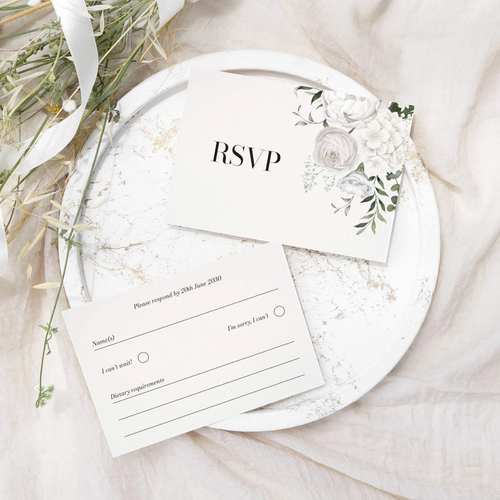 White Floral wedding RSVP card with minimal monochrome botanical illustration on luxury off-white card