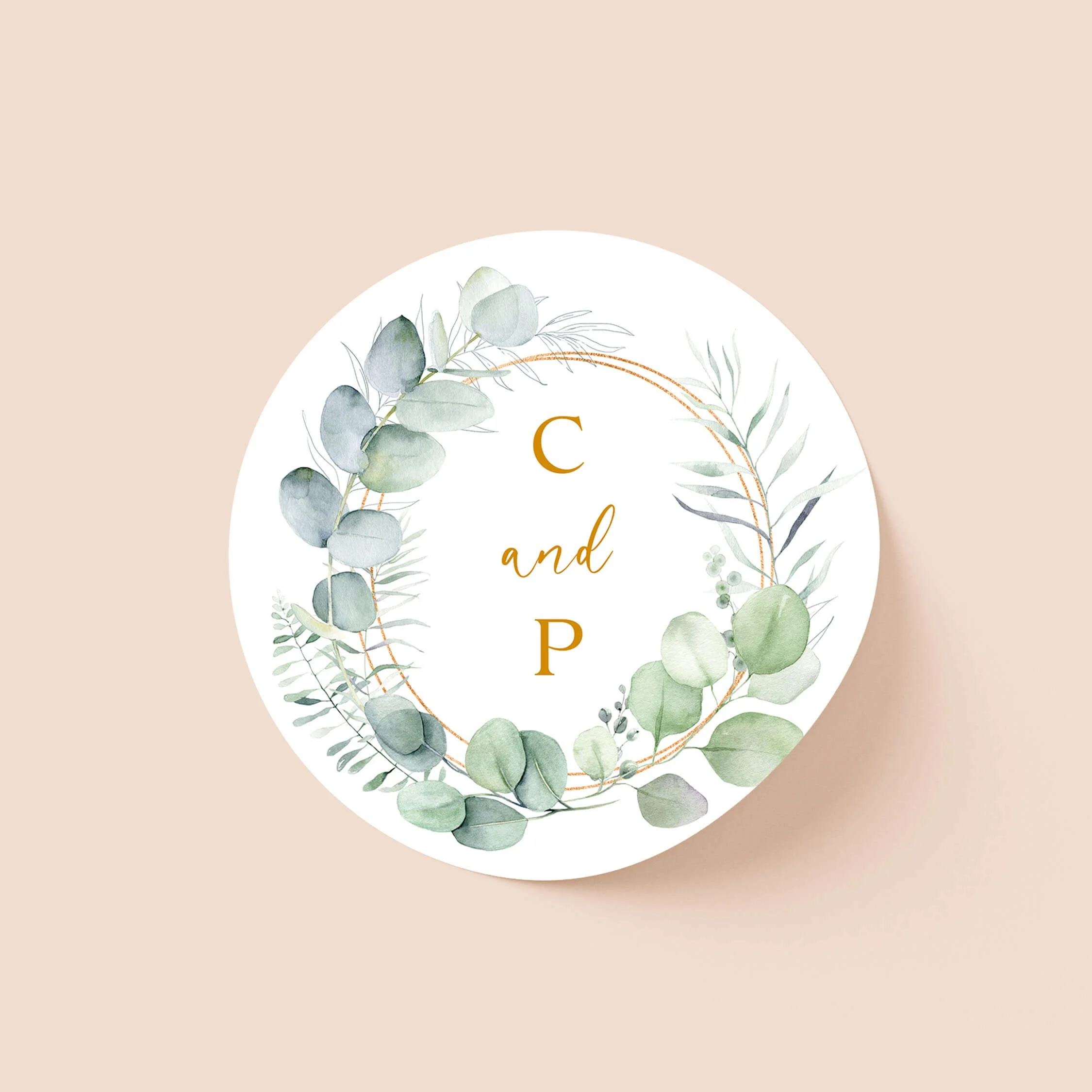 Eucalyptus Frame wedding sticker with botanical greenery border and initials on round personalised seal