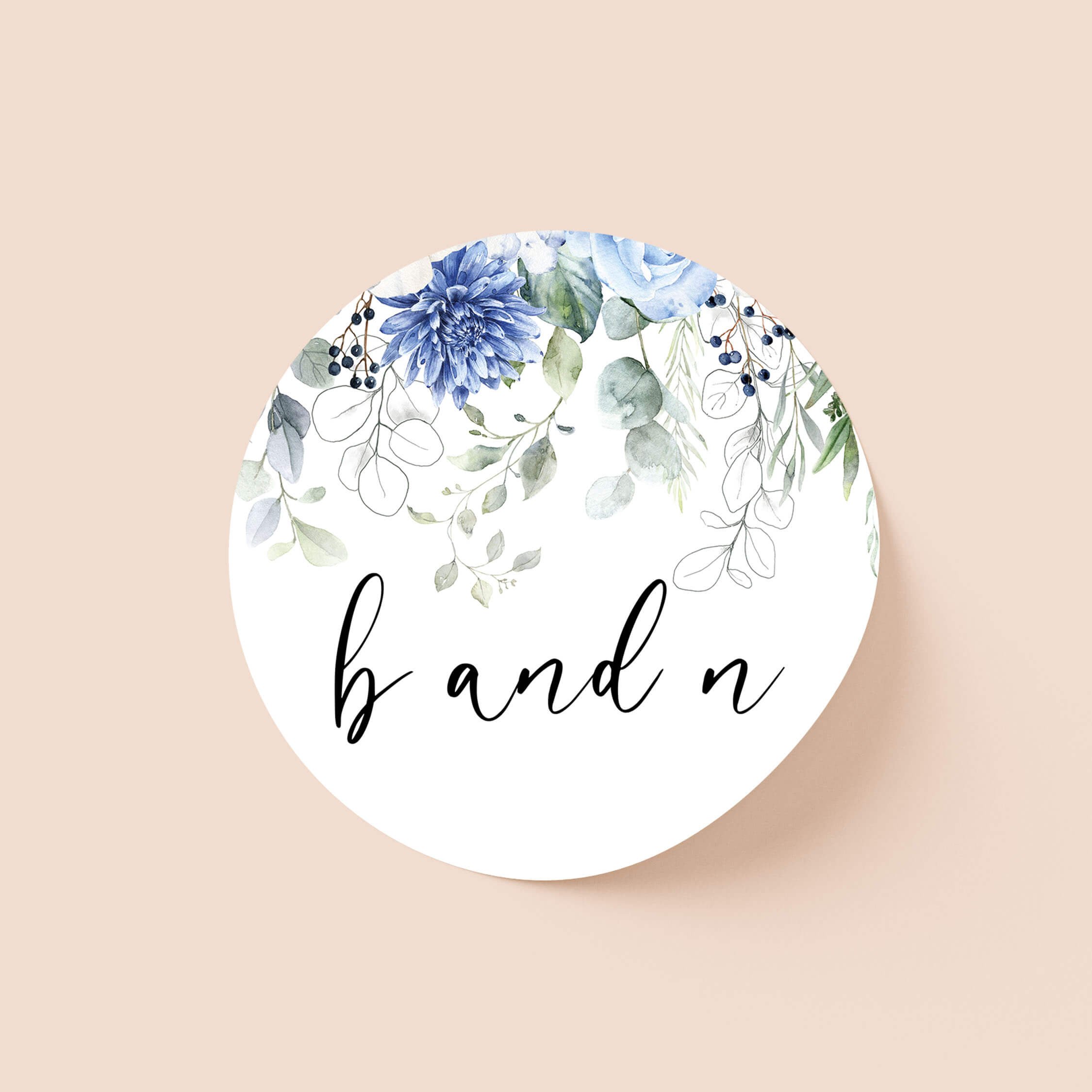 Blue floral wedding sticker with soft blue flowers and calligraphy initials on round personalised seal