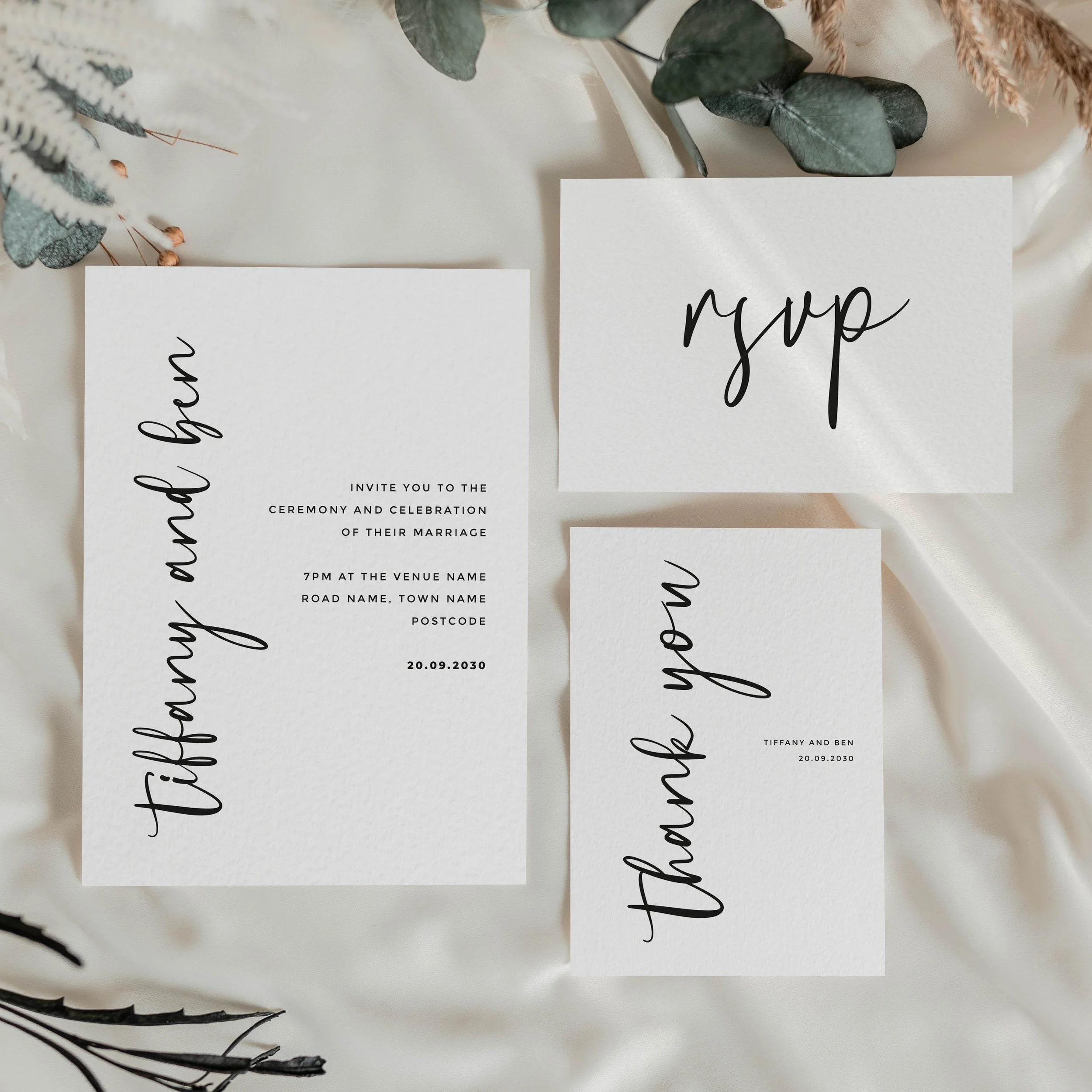 Modern black and white wedding stationery with large italic script names, RSVP card and thank you card — The Script Collection by Wonder Wedding Stationery