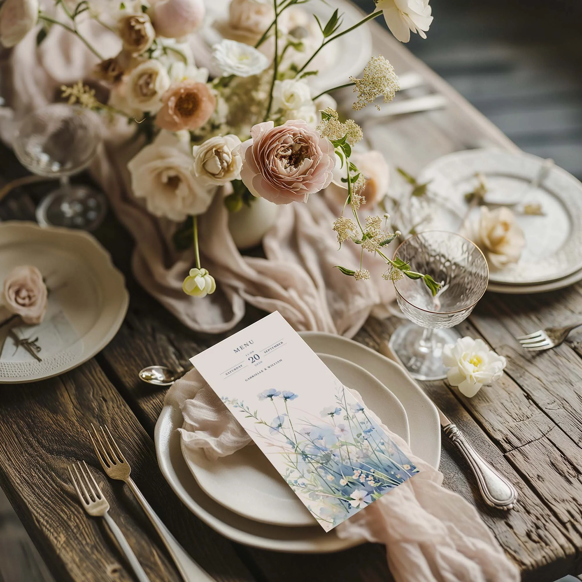 Dusty Blue Wildflowers wedding menu card styled on a wedding table setting with tableware and décor