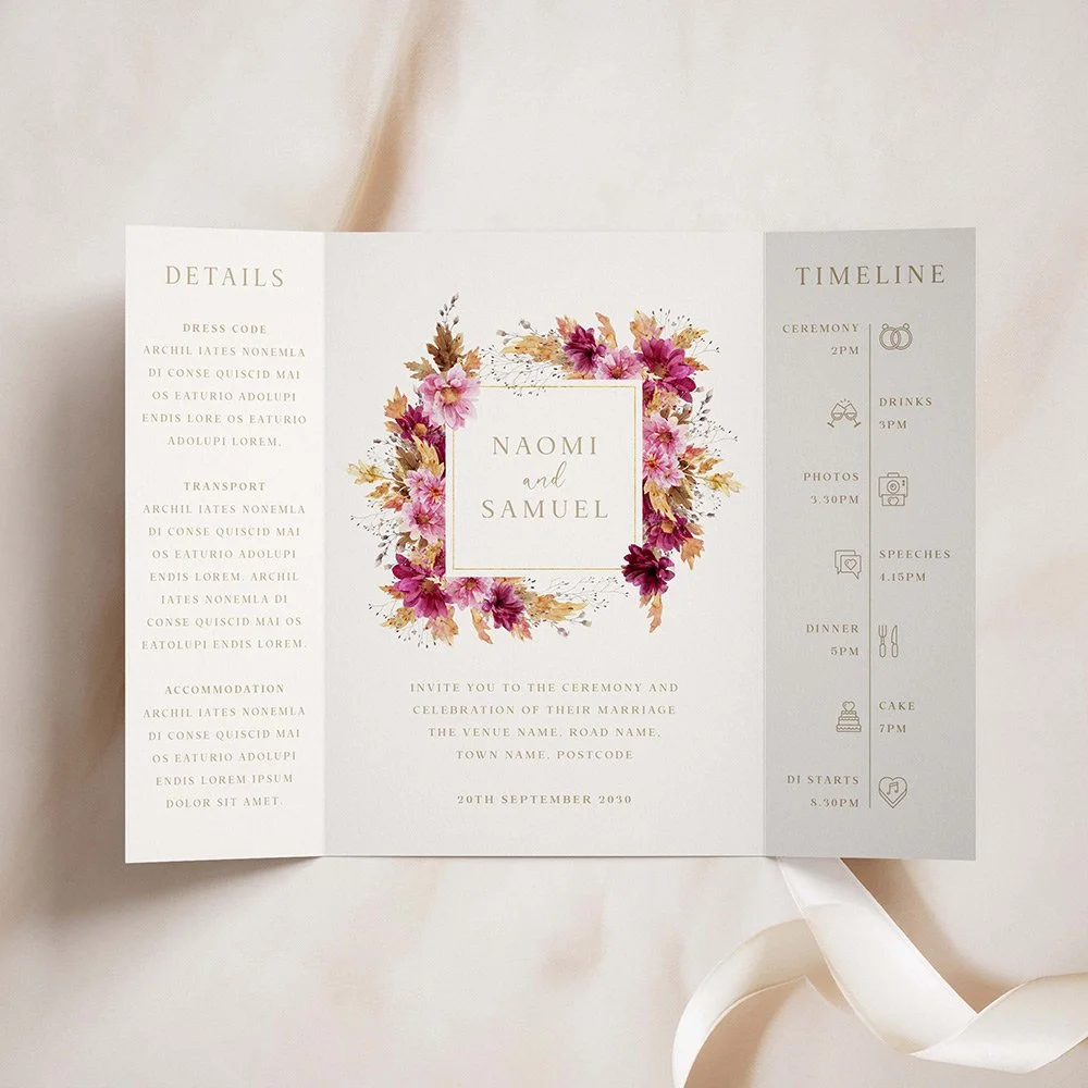 Pink Floral Chrysanthemum Gatefold Wedding Invites