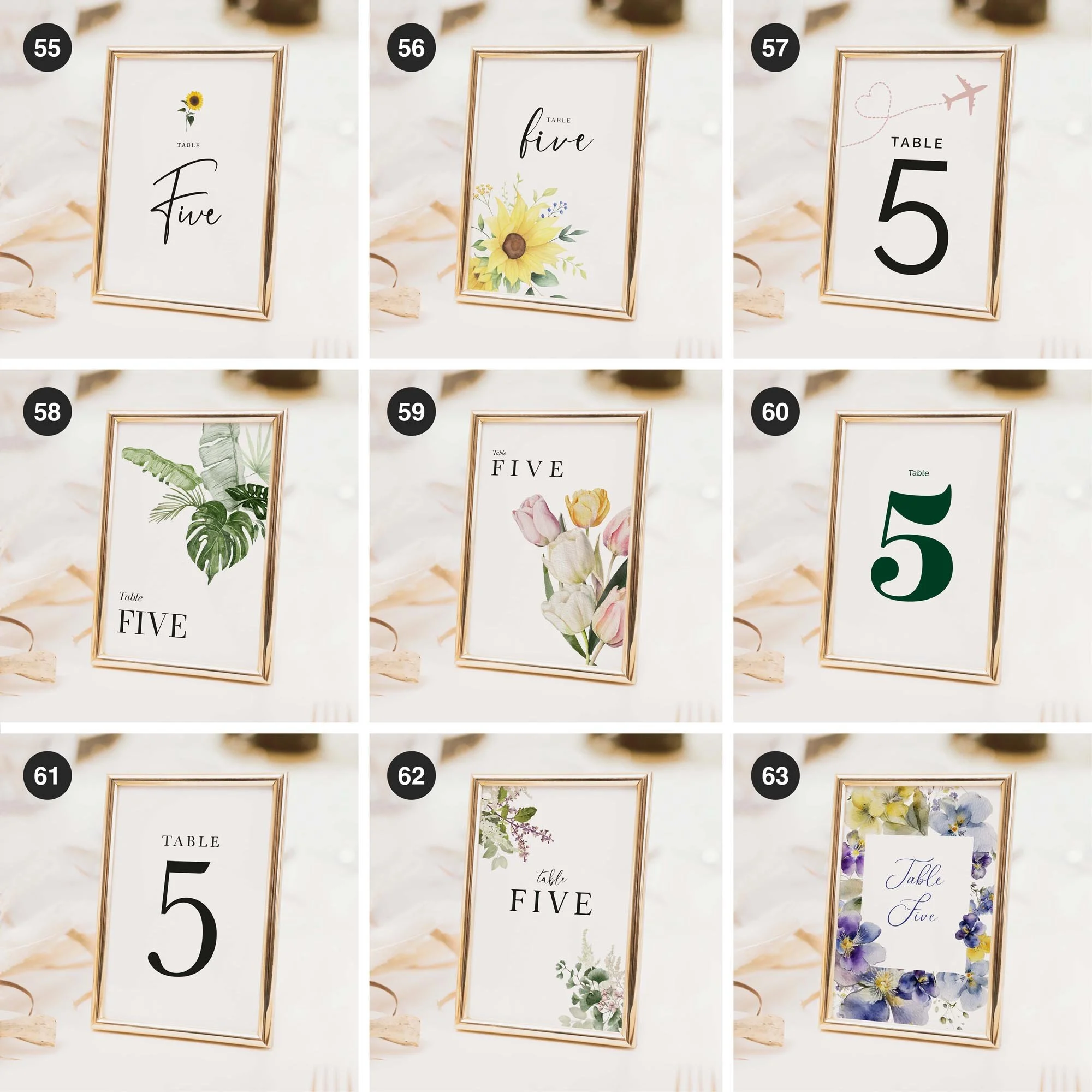 Wedding table number and table name card designs in a range of styles to suit different themes, including floral, modern, and minimal options