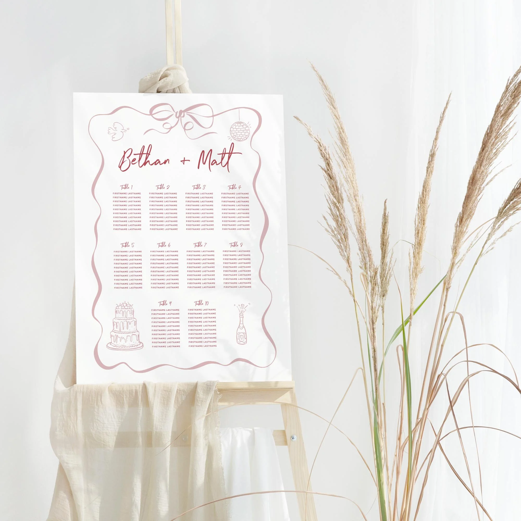 Pink Playful Illustration wedding table plan board seating chart sign
