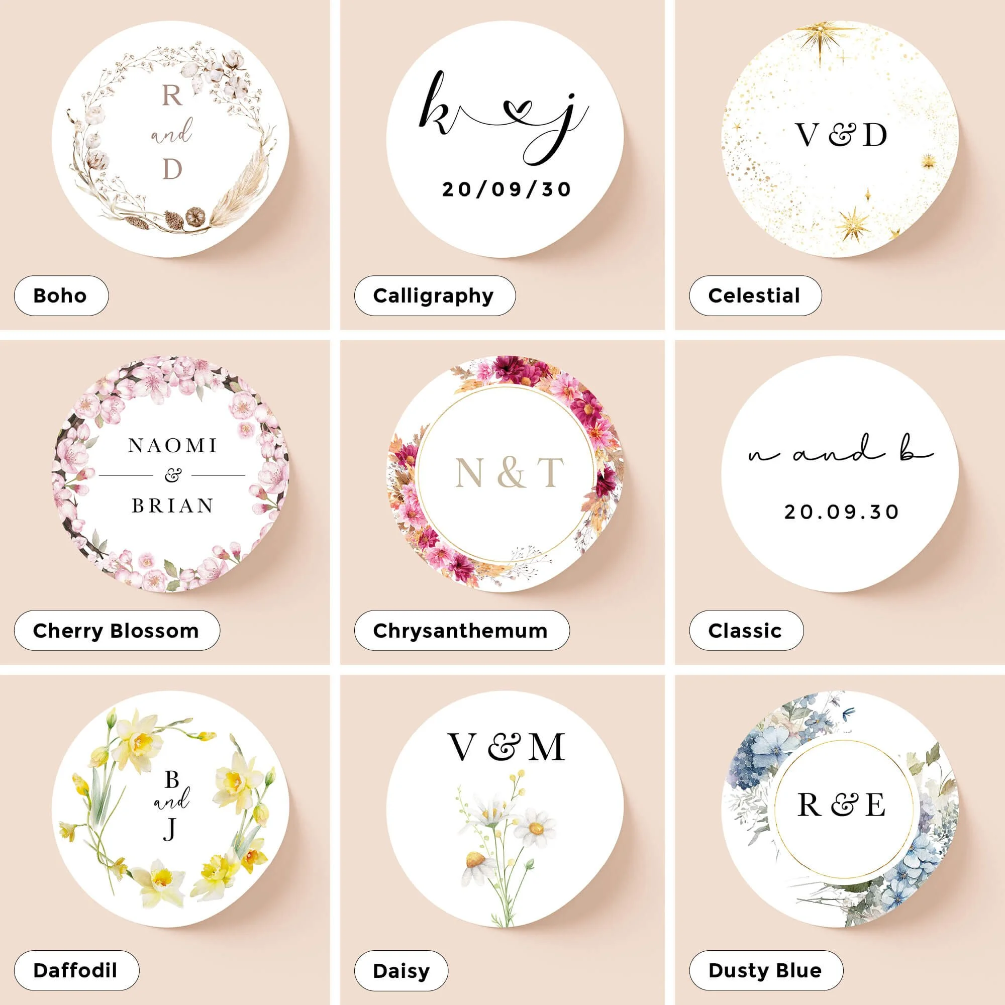 Collection of personalised wedding sticker designs for invitations, envelopes and wedding stationery – multiple styles available.