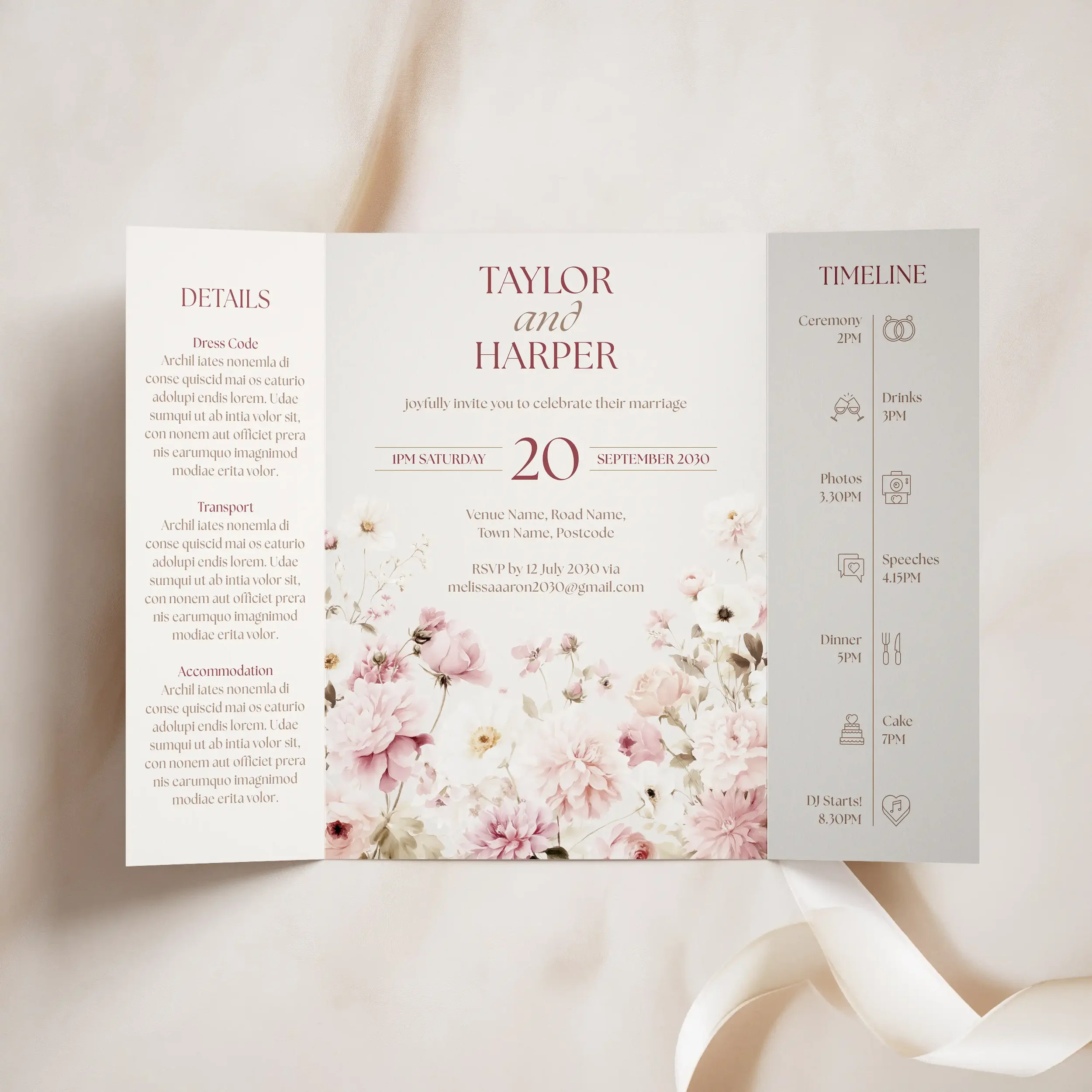 Open view of the Petal Gatefold Wedding Invitation showing blush pink floral design and modern typography.