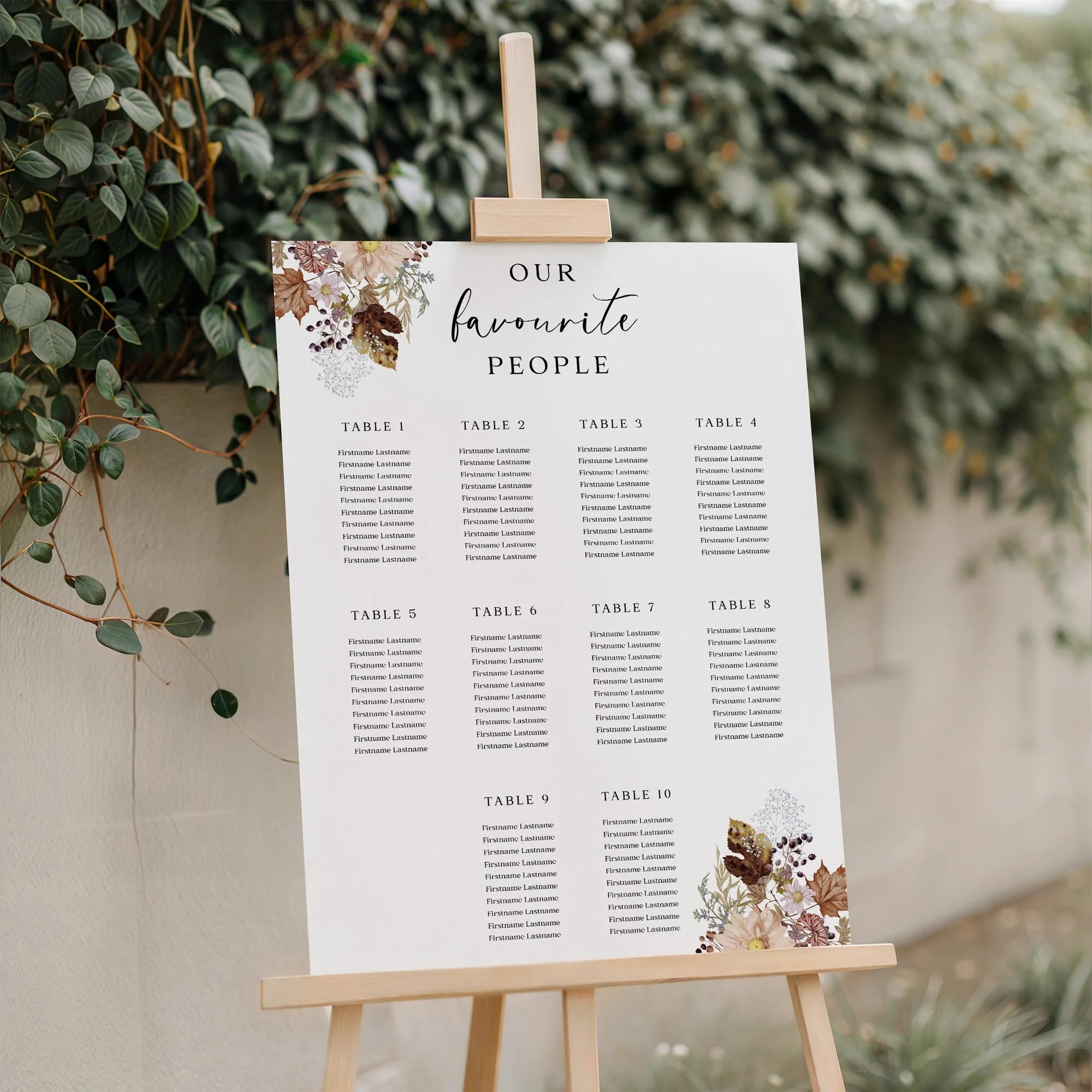 Autumn wedding seating plan displayed on a wooden easel, featuring a rich autumn floral botanical design with multiple guest tables