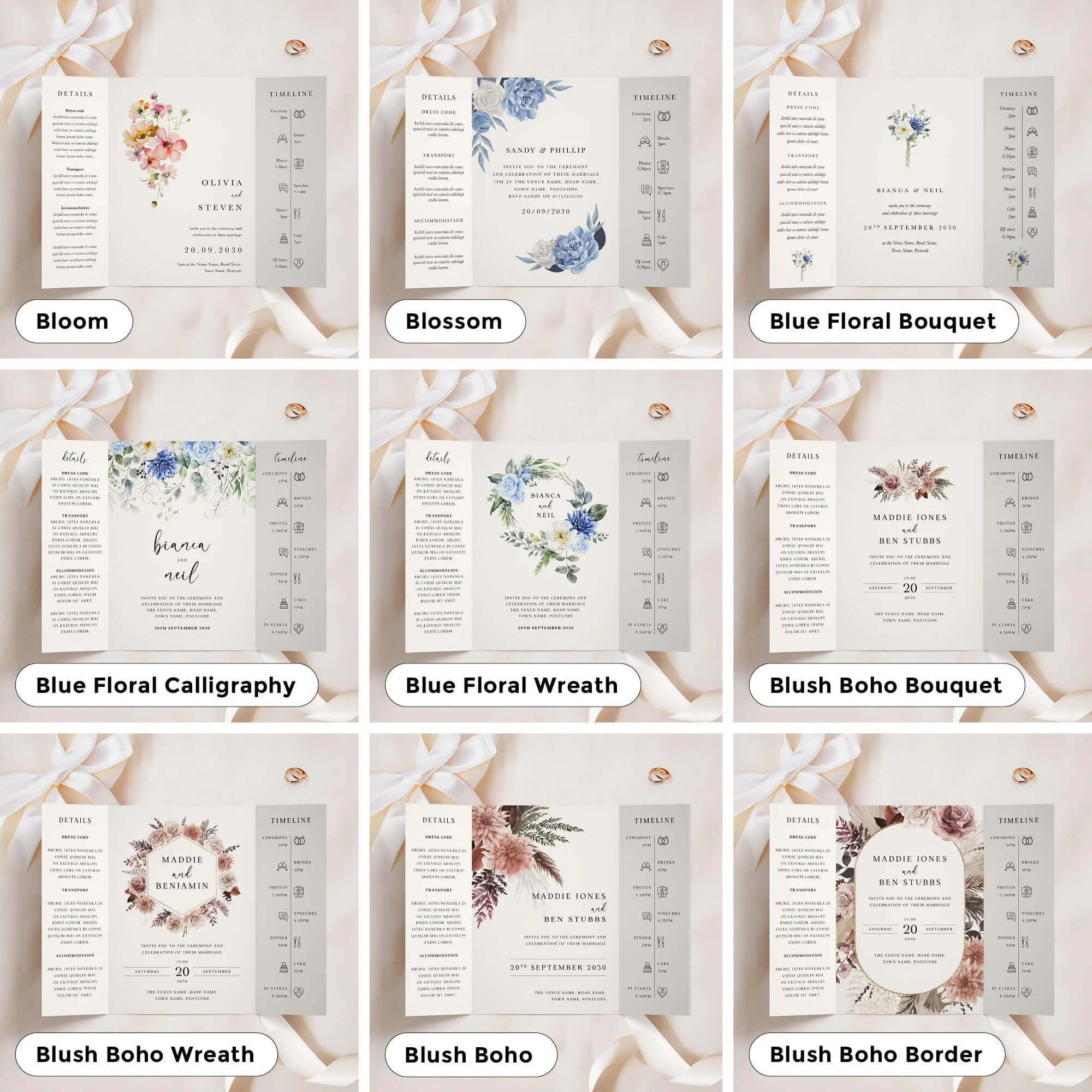 A5 size gatefold invitations in a variety of designs