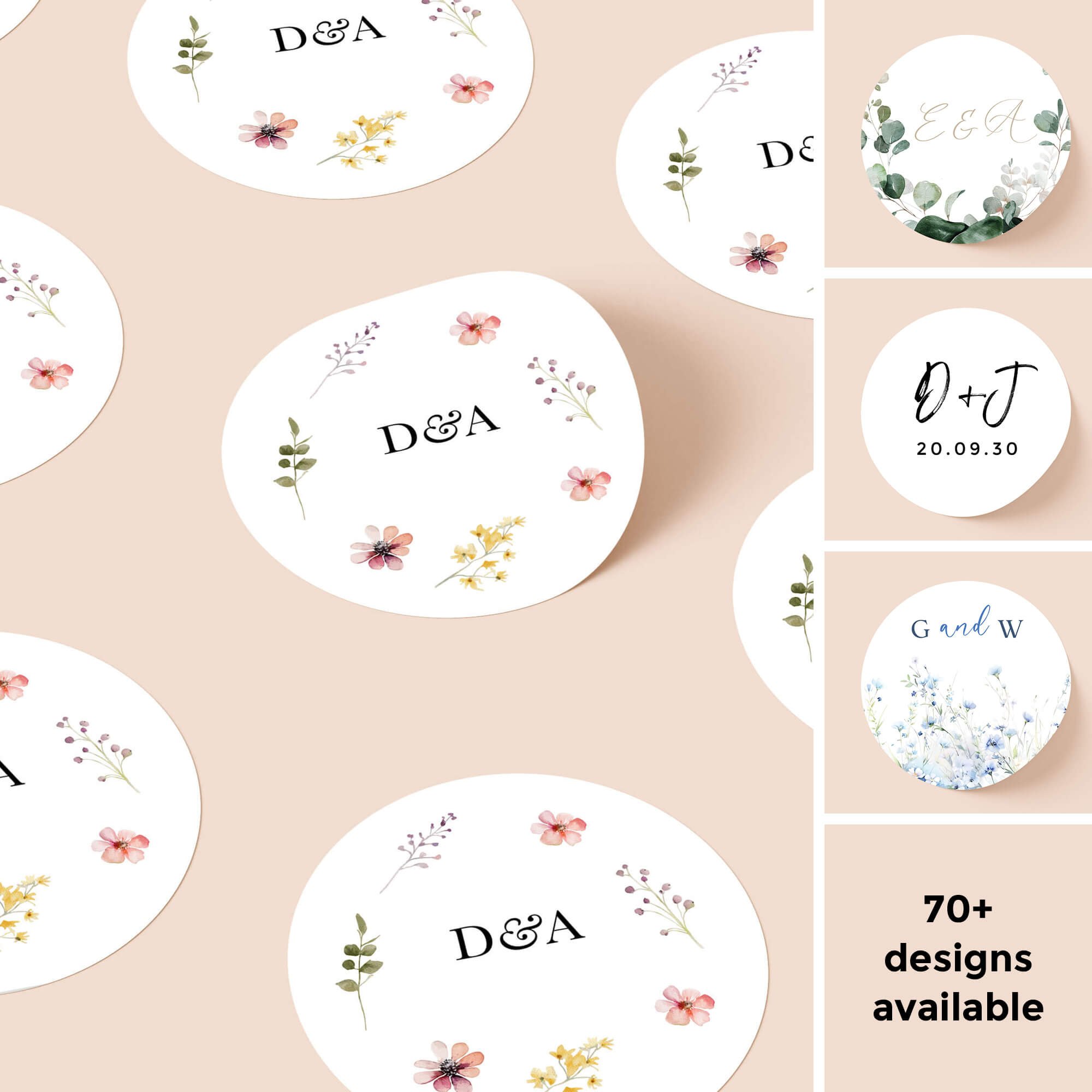 Collection of personalised wedding sticker designs for invitations, envelopes and wedding stationery – multiple styles available.