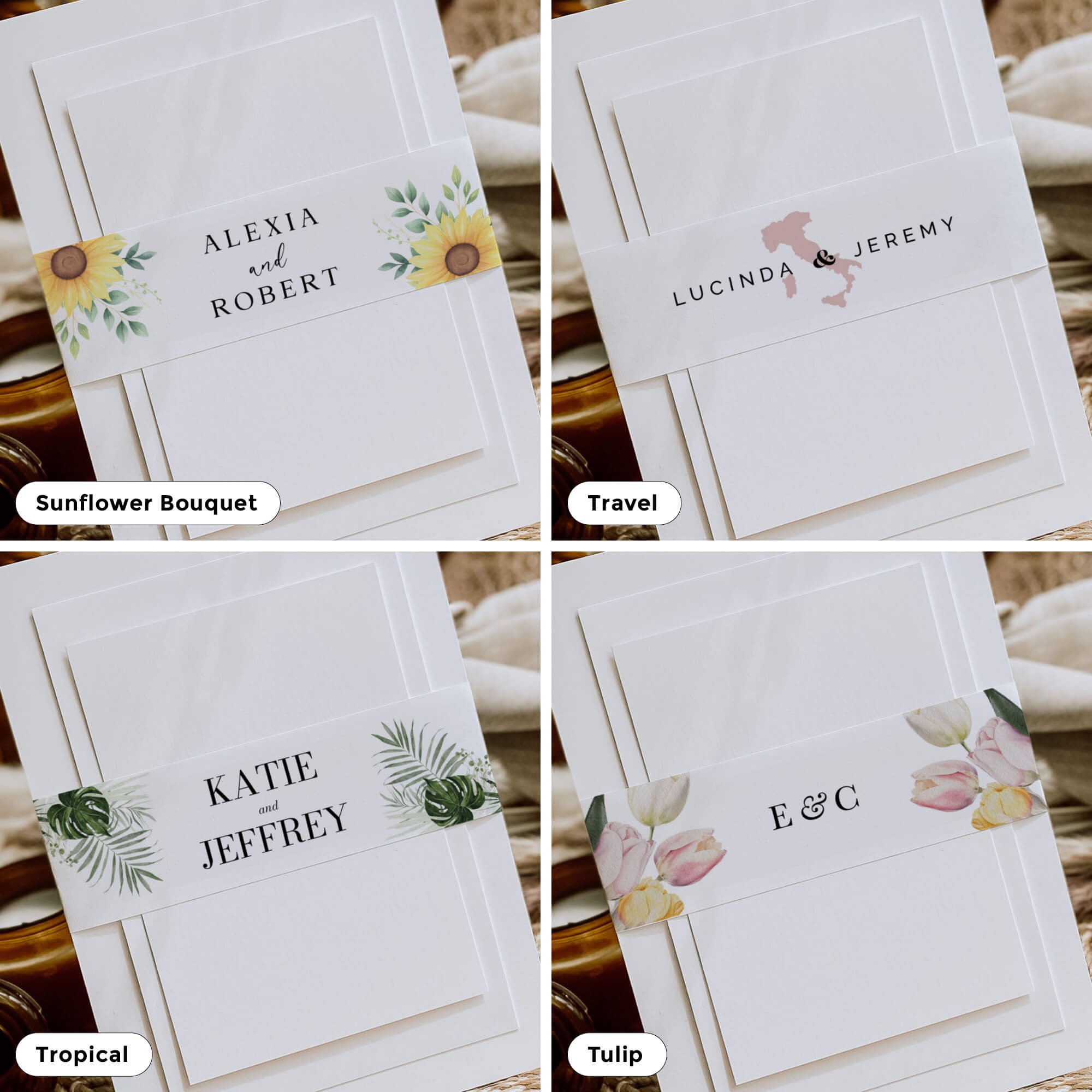 Collection of personalised wedding belly bands in a variety of elegant designs