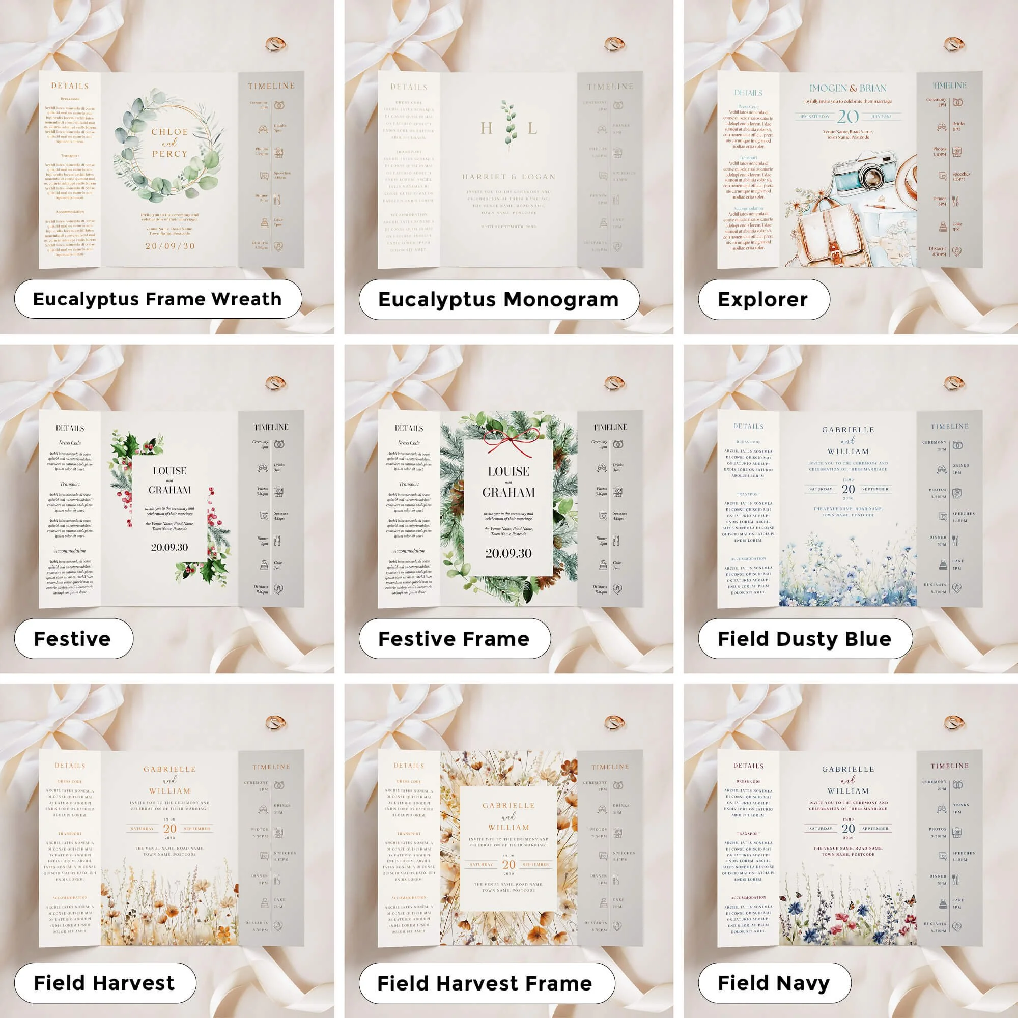 A5 size gatefold invitations in a variety of designs