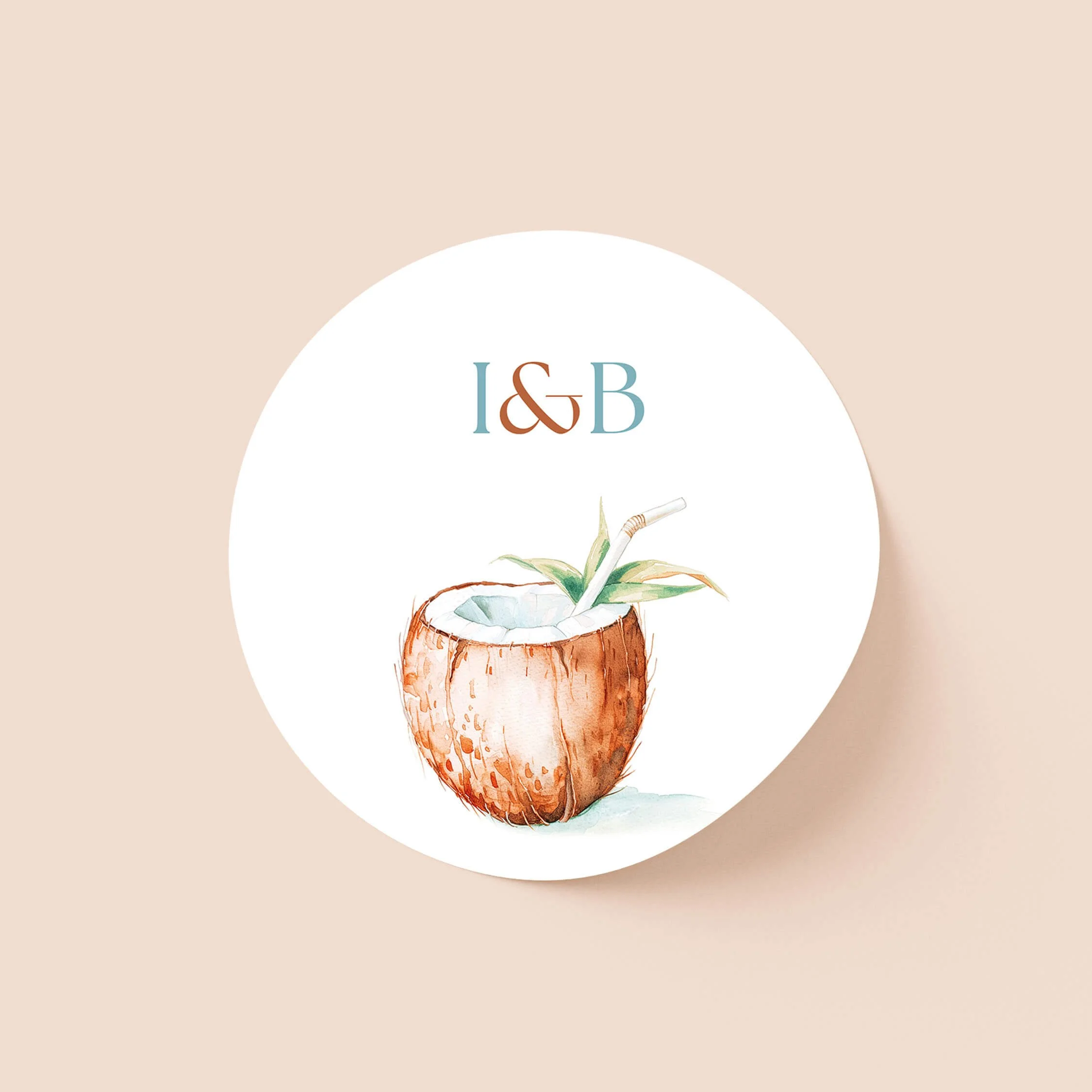 Explorer wedding sticker with tropical coconut illustration and initials on round personalised seal