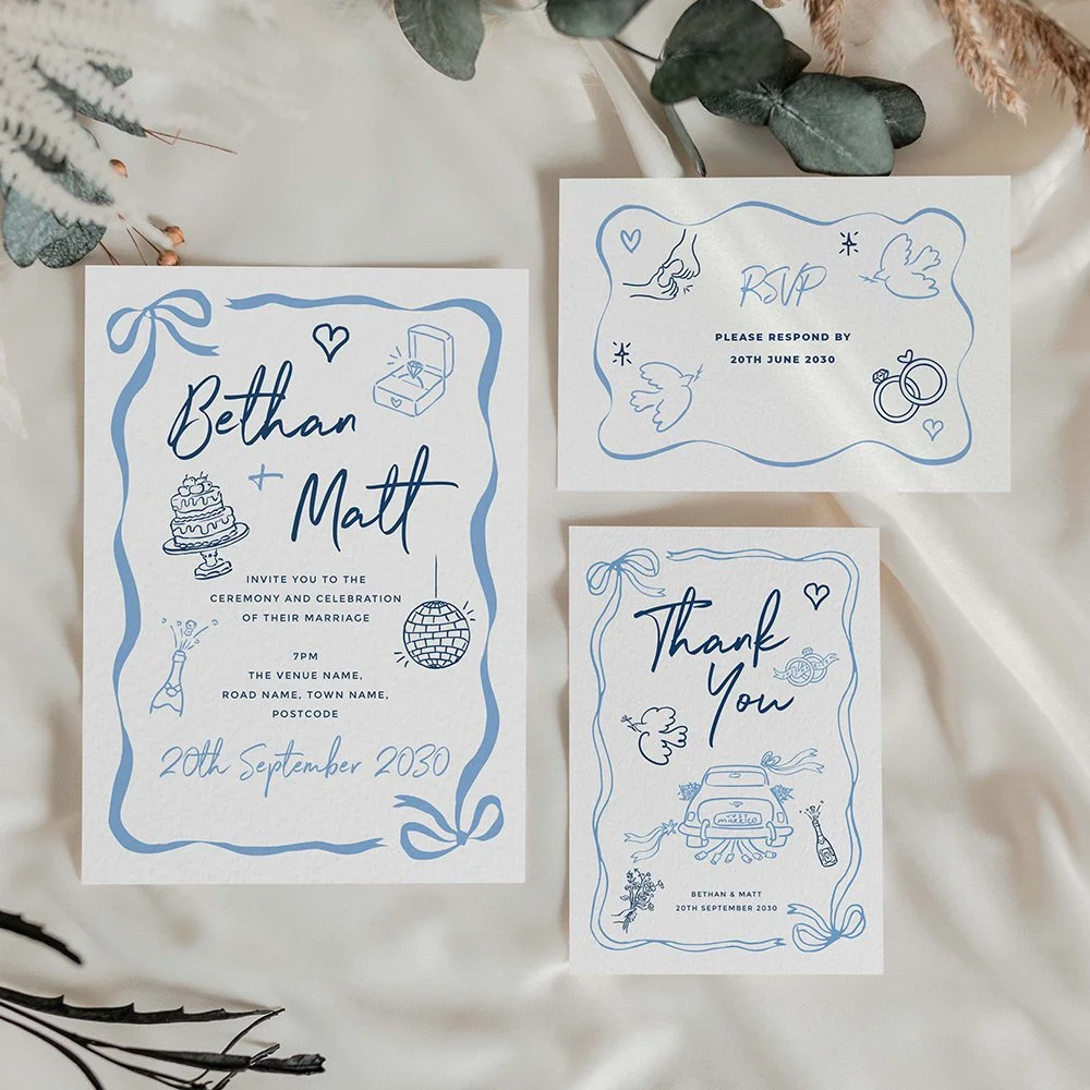 Whimsical blue illustrations on wedding stationery. The illustrations are a fun, doodle style, perfecto for contemporary and trendy weddings.