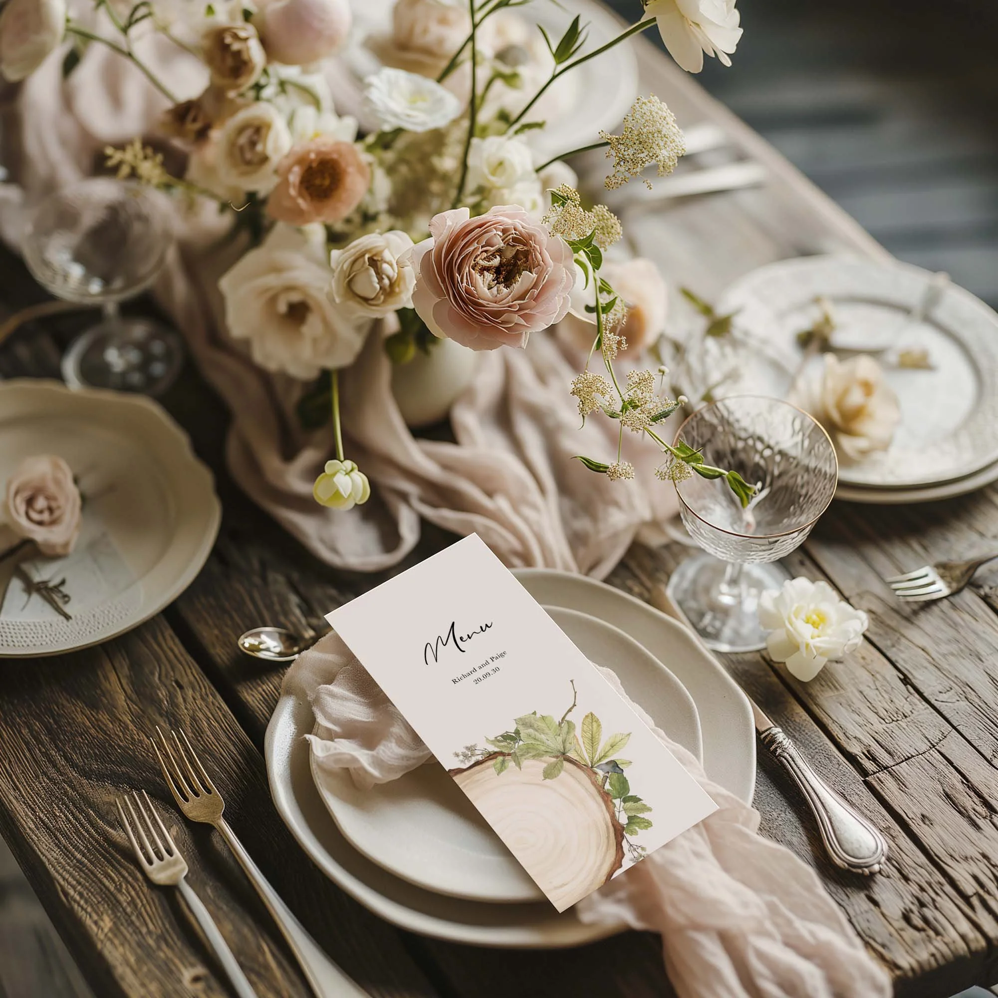 Wood Slice wedding menu card styled on a wedding table setting with tableware and décor