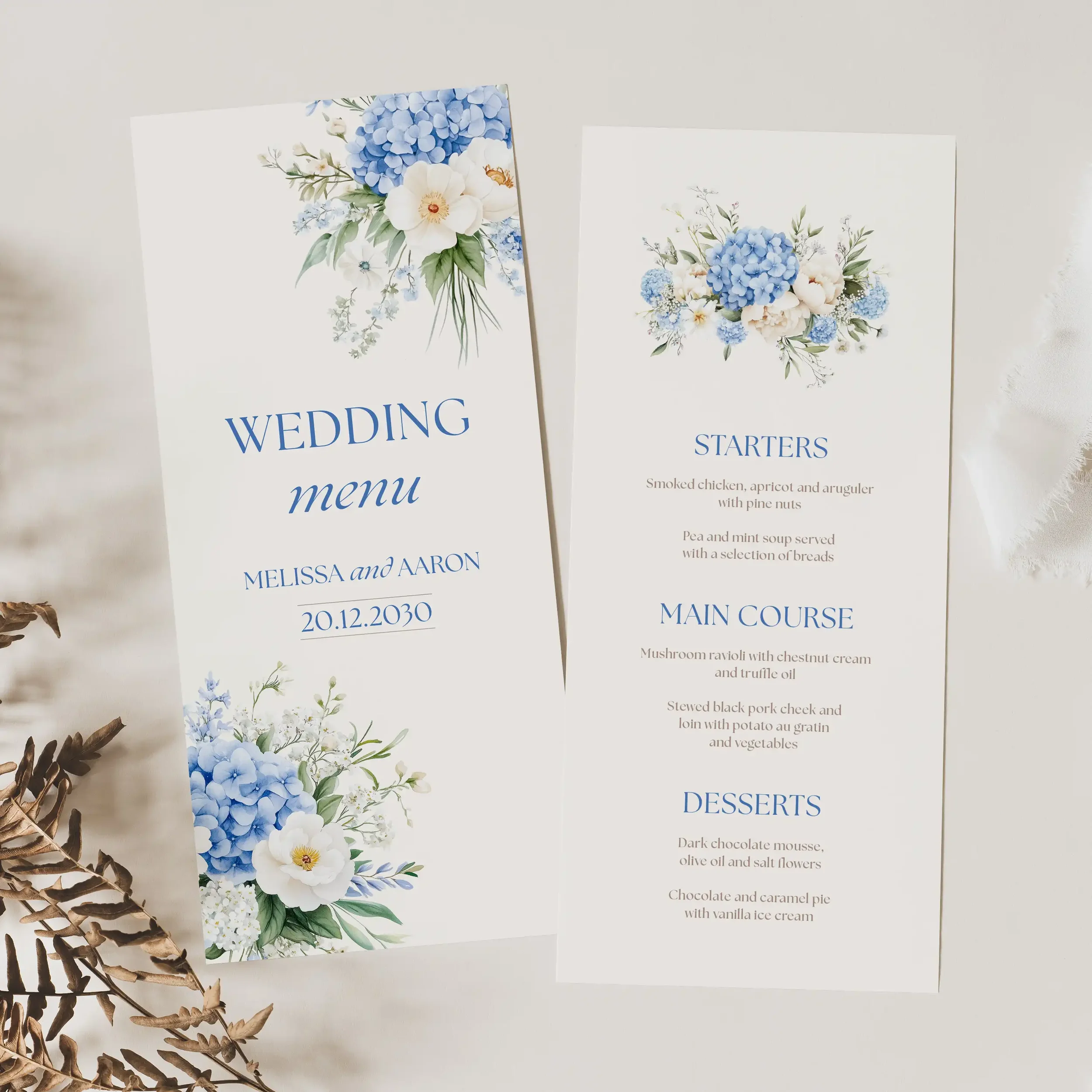 Front and back of the Serenity Wedding Menu showing corner blue floral design.