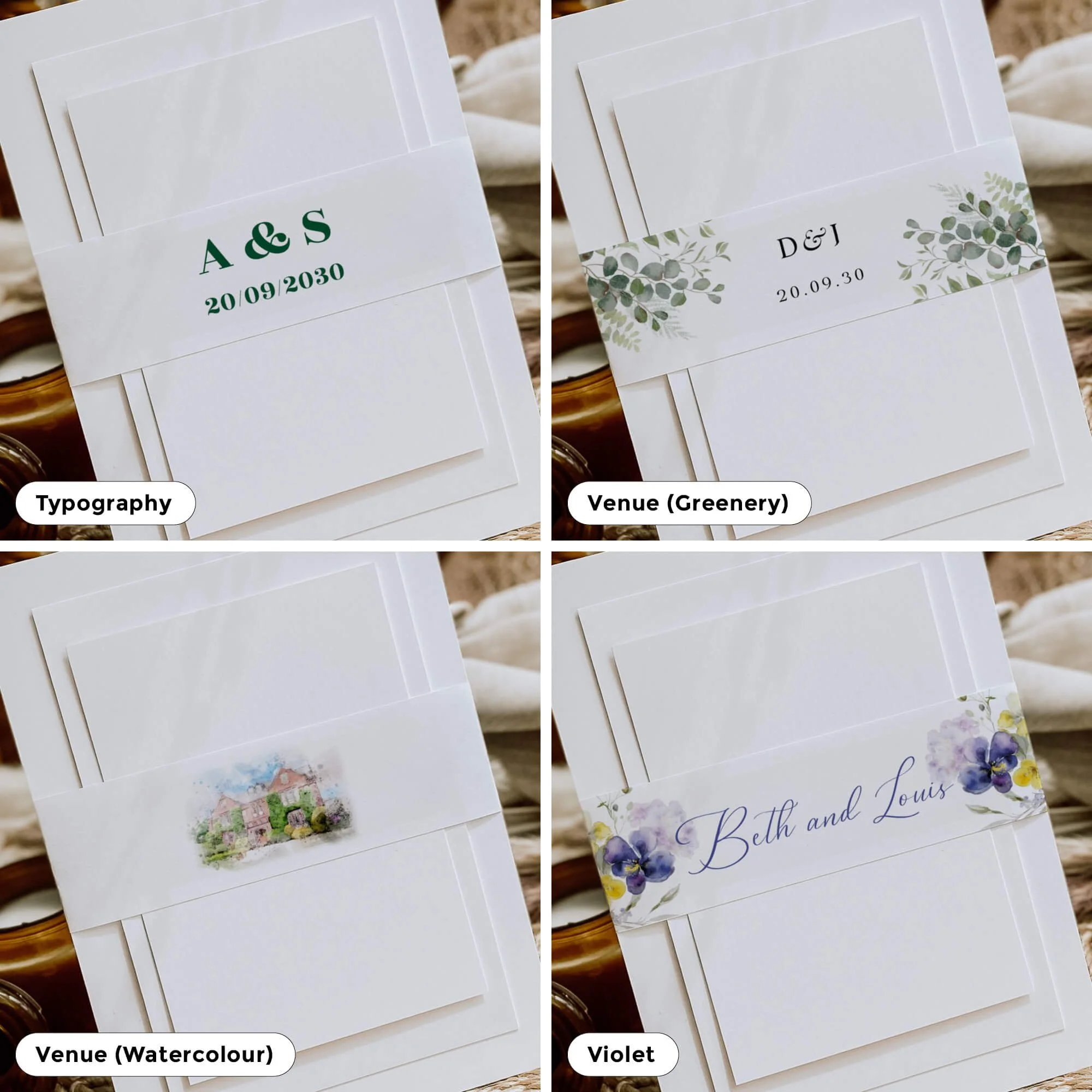 Collection of personalised wedding belly bands in a variety of elegant designs