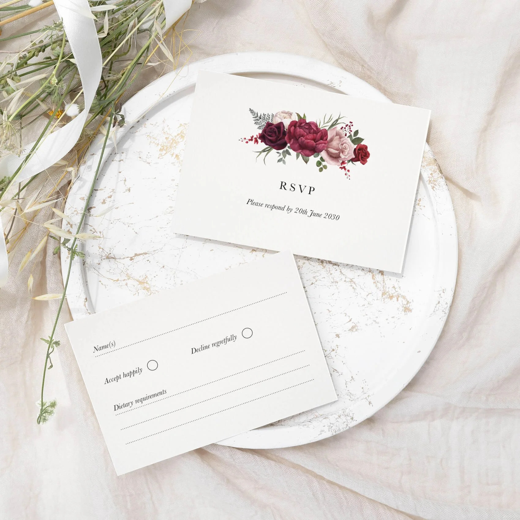 Romance wedding RSVP card with deep burgundy and wine rose watercolour illustration on luxury off-white card