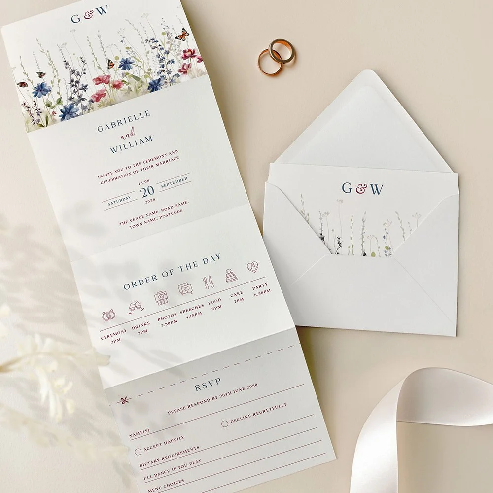 Blue and Red Wildflower Concertina Wedding Invites