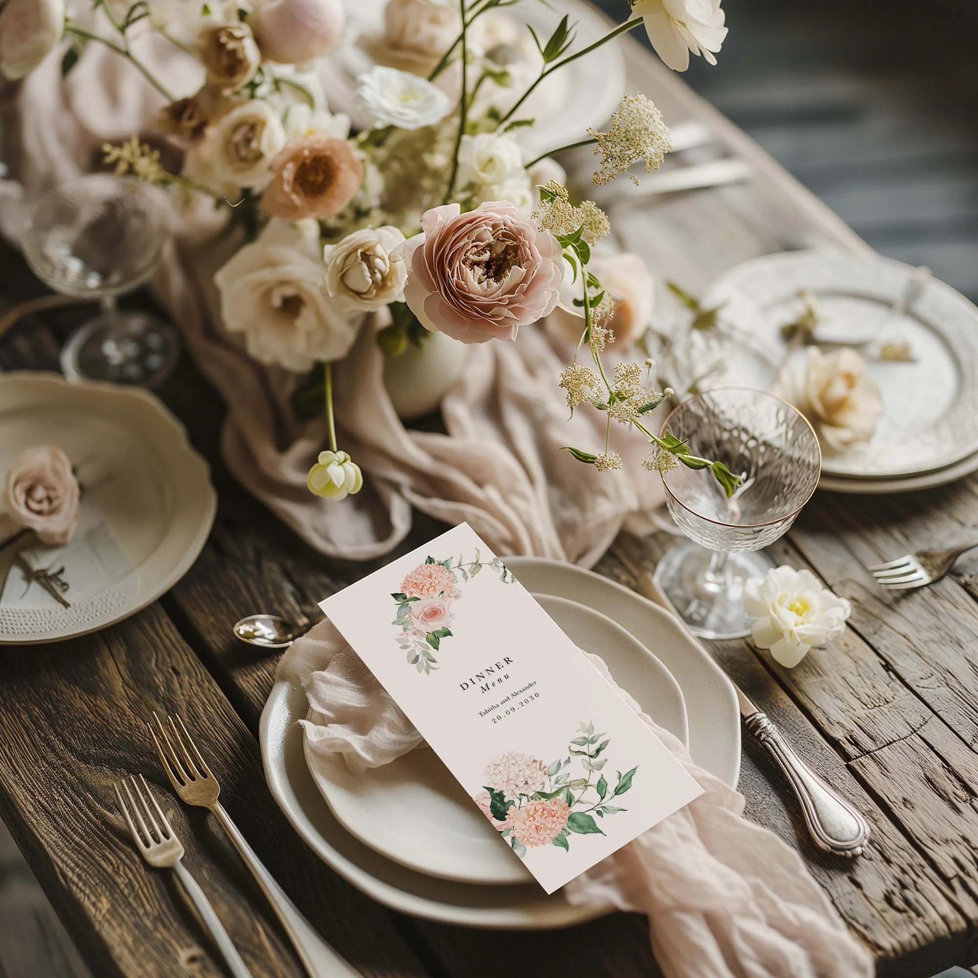 Blush Pink Floral wedding menu card styled on a wedding table setting with tableware and décor