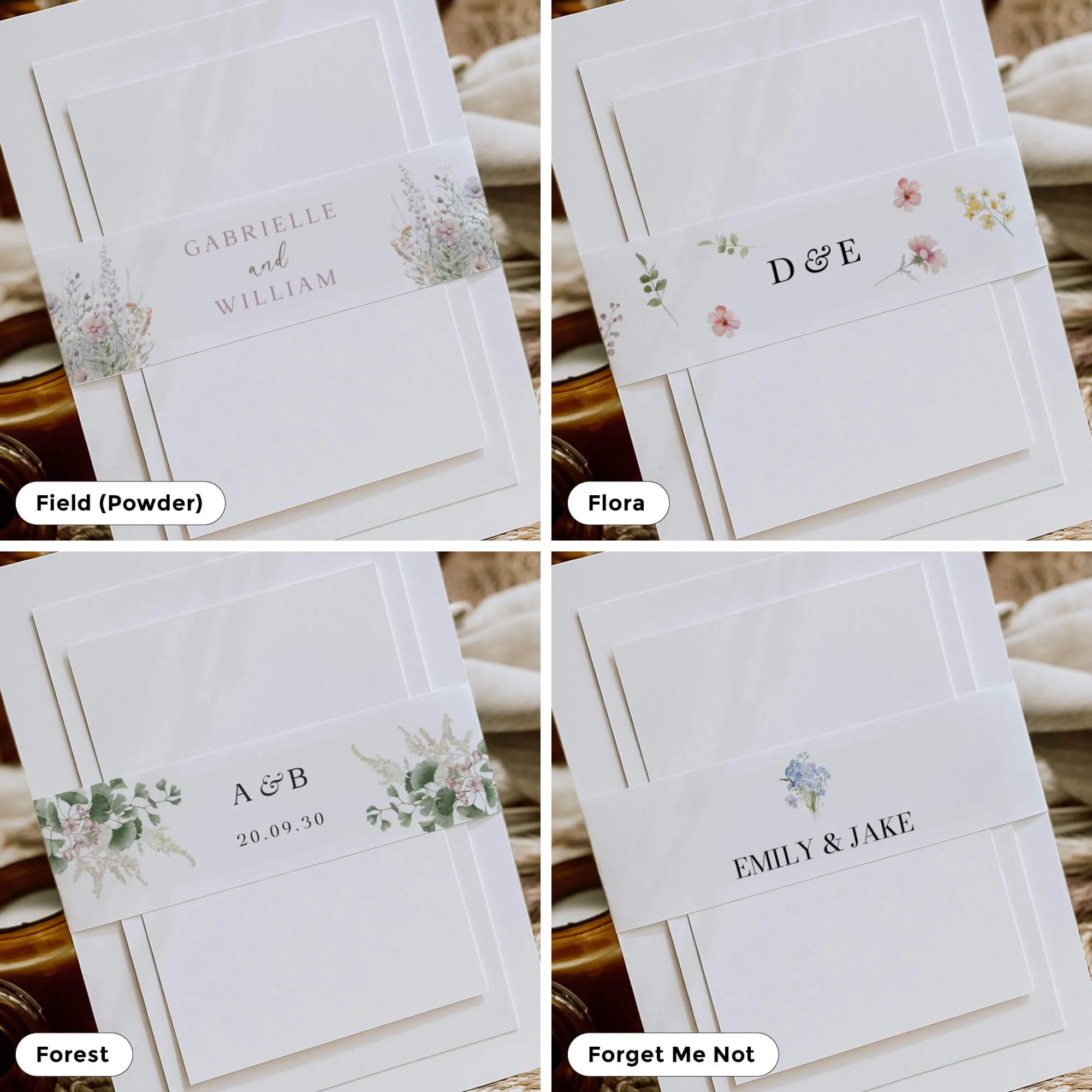 Collection of personalised wedding belly bands in a variety of elegant designs