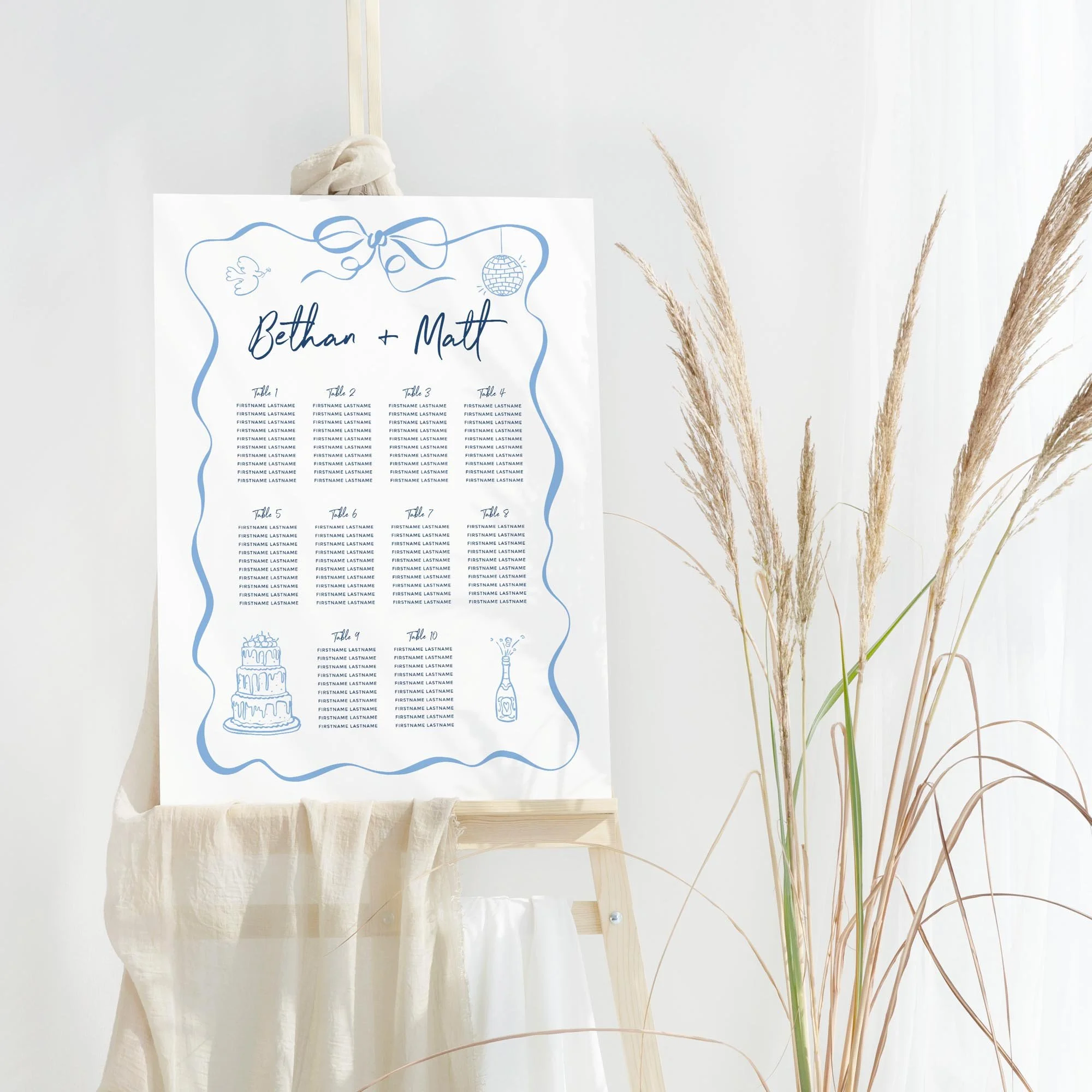 Blue Quirky Modern Doodle wedding table plan board seating chart sign