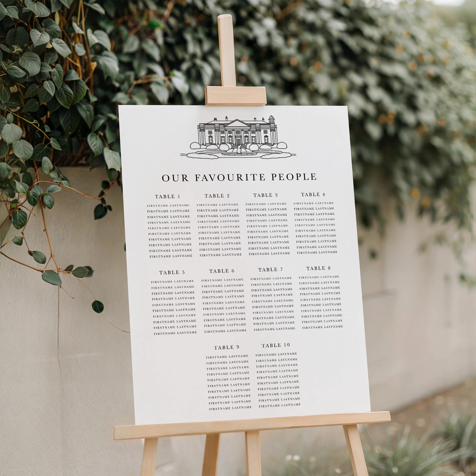 Close-up of the Bespoke Venue Sketch wedding seating plan board displayed outdoors