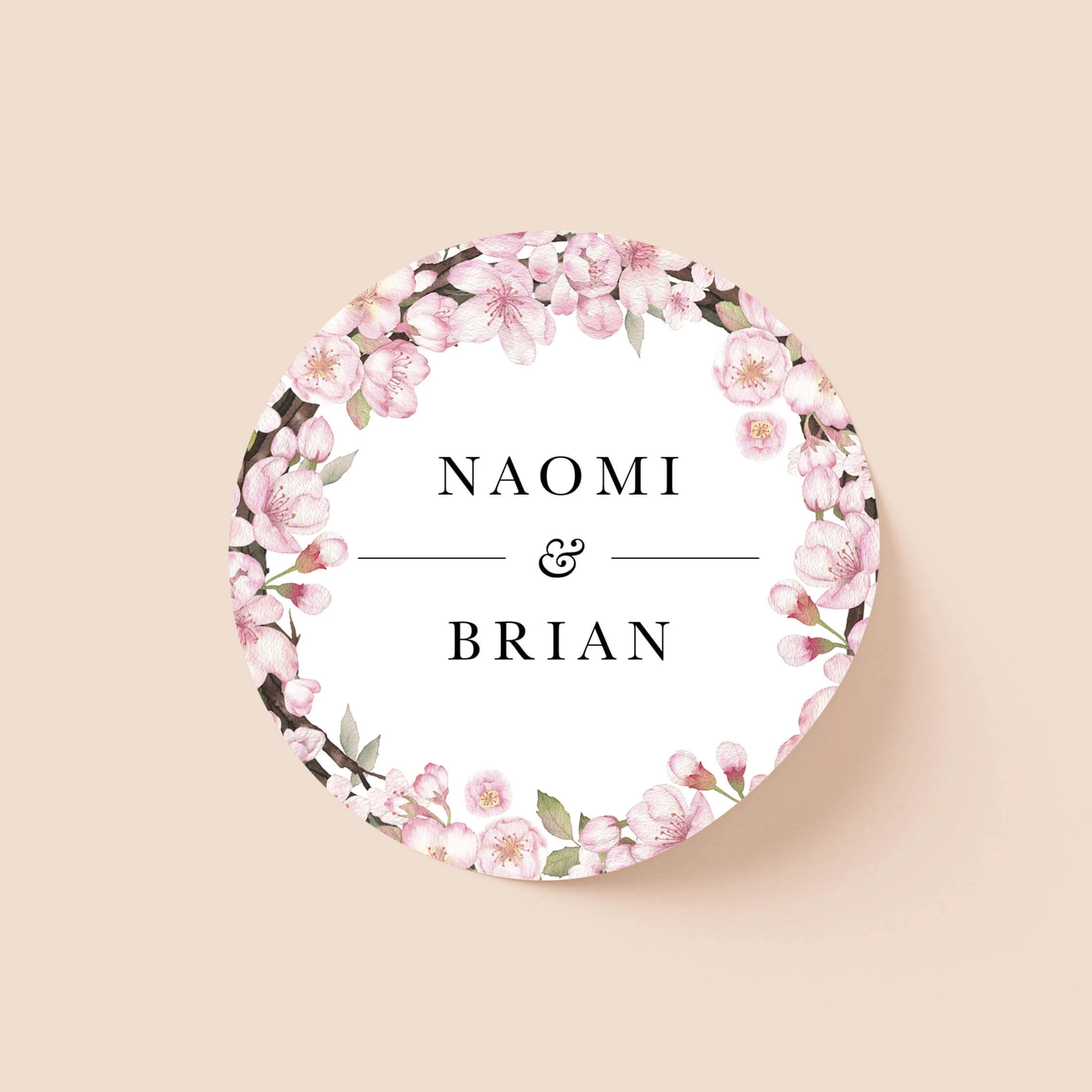 Cherry blossom wedding sticker with pink floral border and initials on round personalised seal