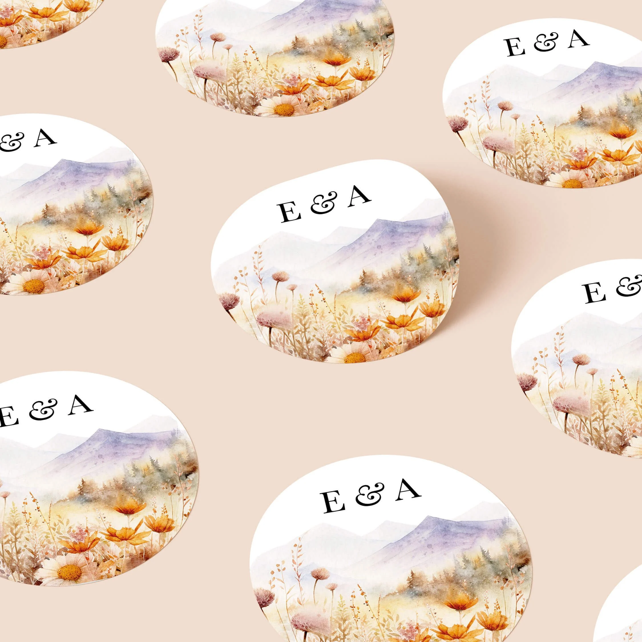 Scenic personalised wedding stickers with countryside venue illustration and personalised initials on round stickers