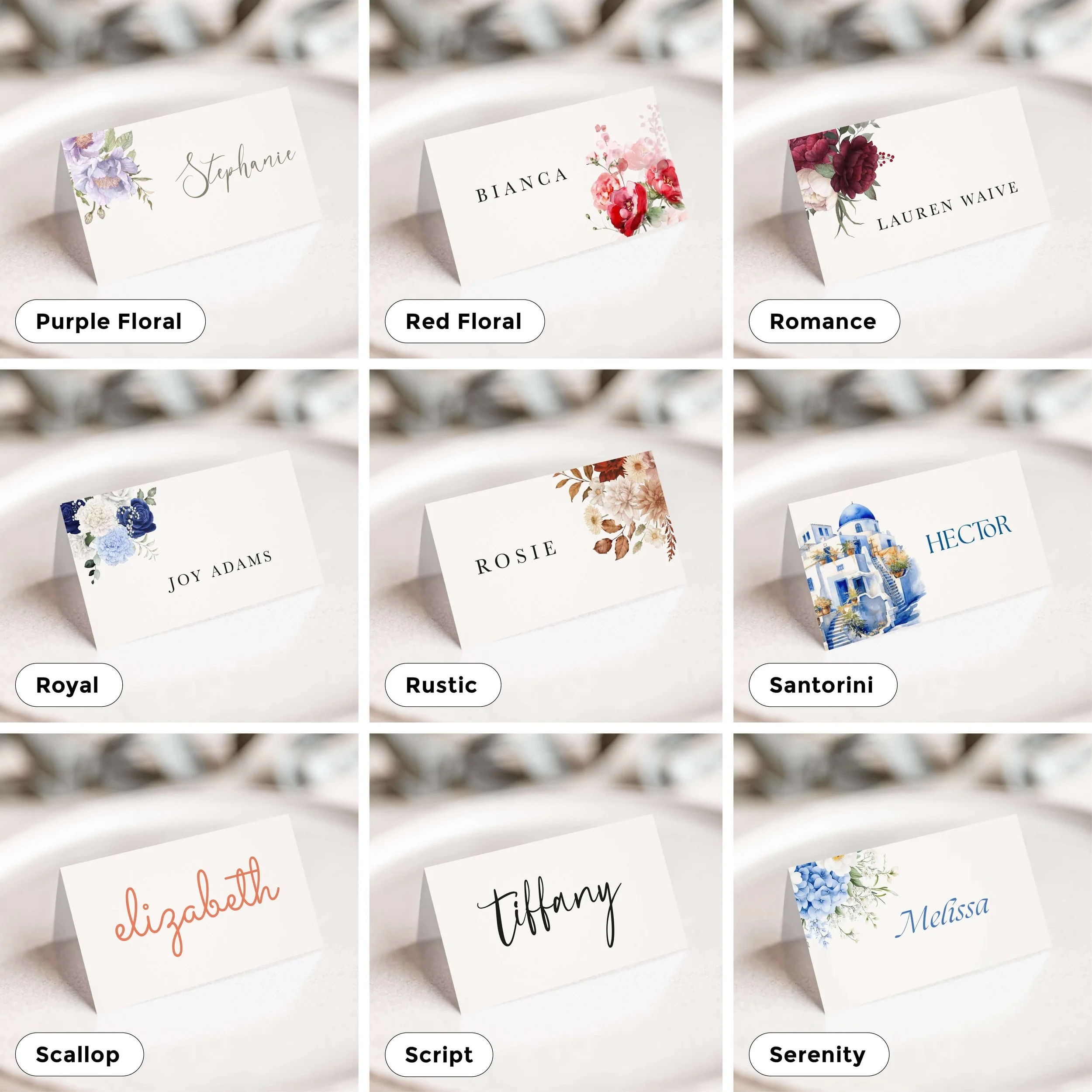 Selection of personalised wedding place card designs in various styles, including modern, floral, and minimalist, displayed on wedding tables