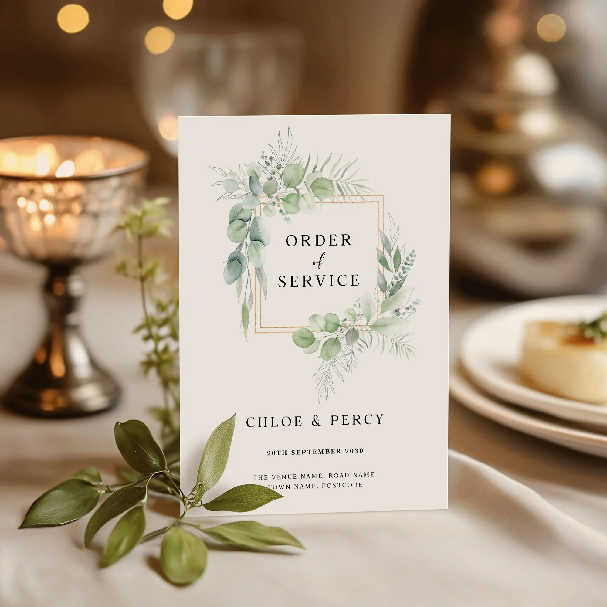 Eucalyptus Frame wedding order of service on a wedding day displayed