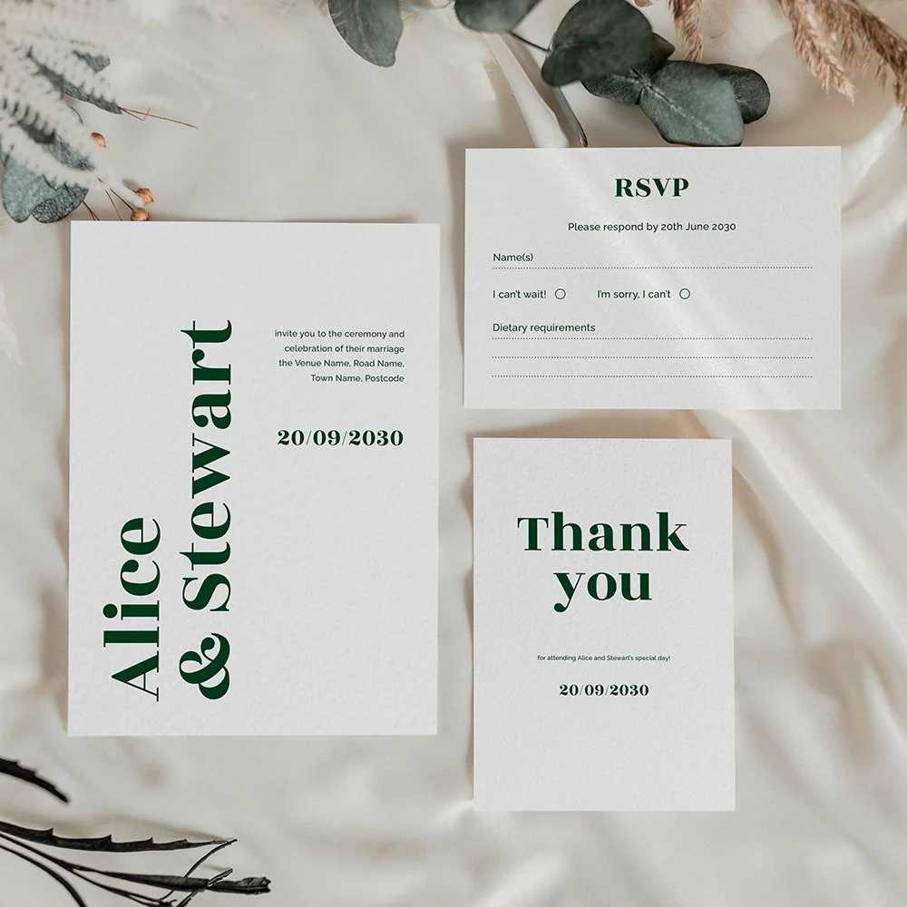 Forest green wedding stationery suite with invitation, RSVP, and thank you card, all featuring bold white typography and minimalist layout.