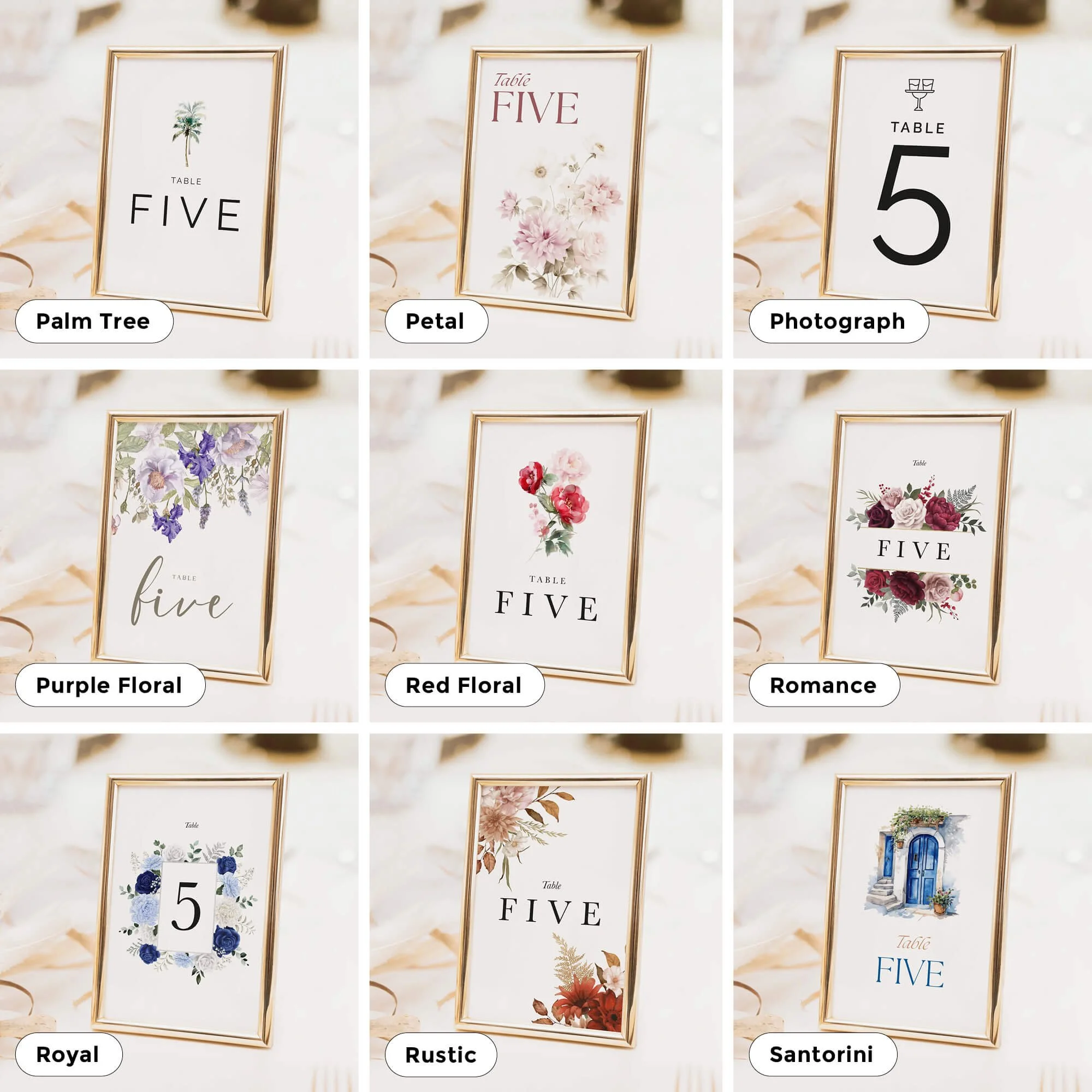 Wedding table number and table name card designs in a range of styles to suit different themes, including floral, modern, and minimal options