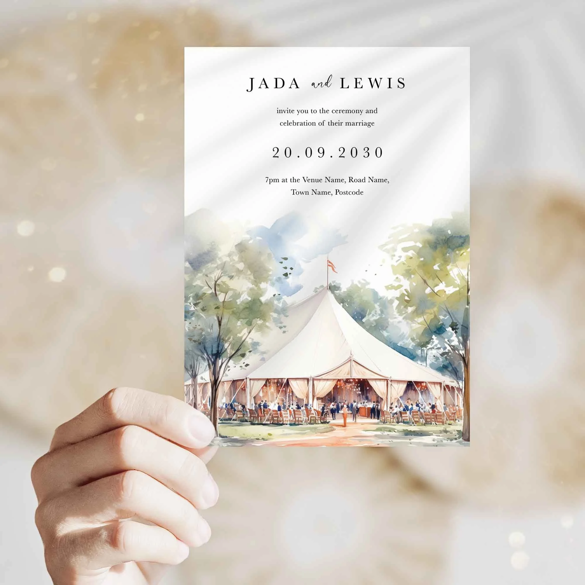 Hand holding Bell Tent wedding invitation showing size and printed design details