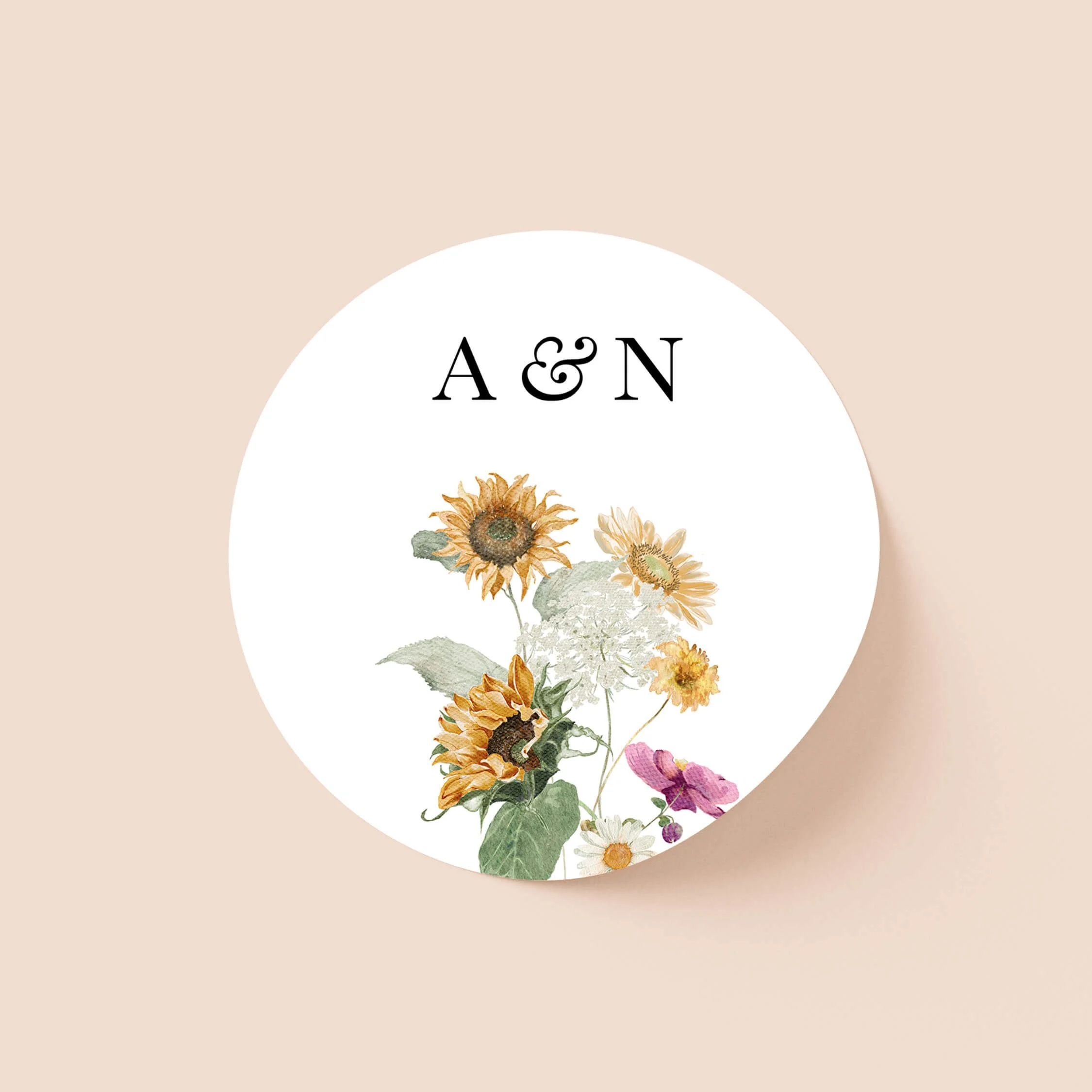 Autumn sunflower wedding sticker with floral illustration and initials